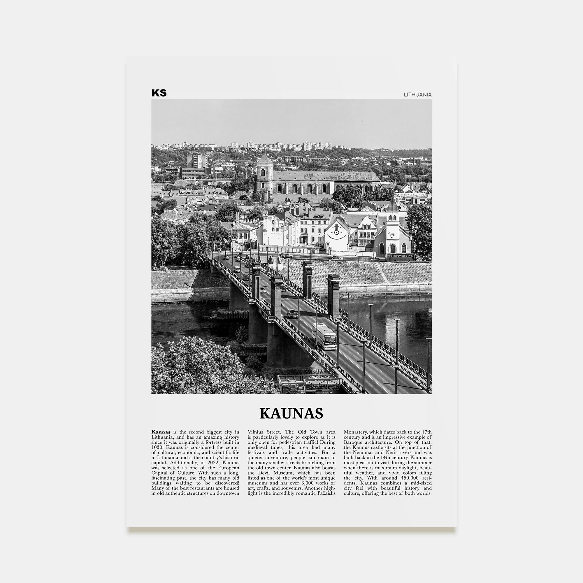 Kaunas Travel B&W Poster