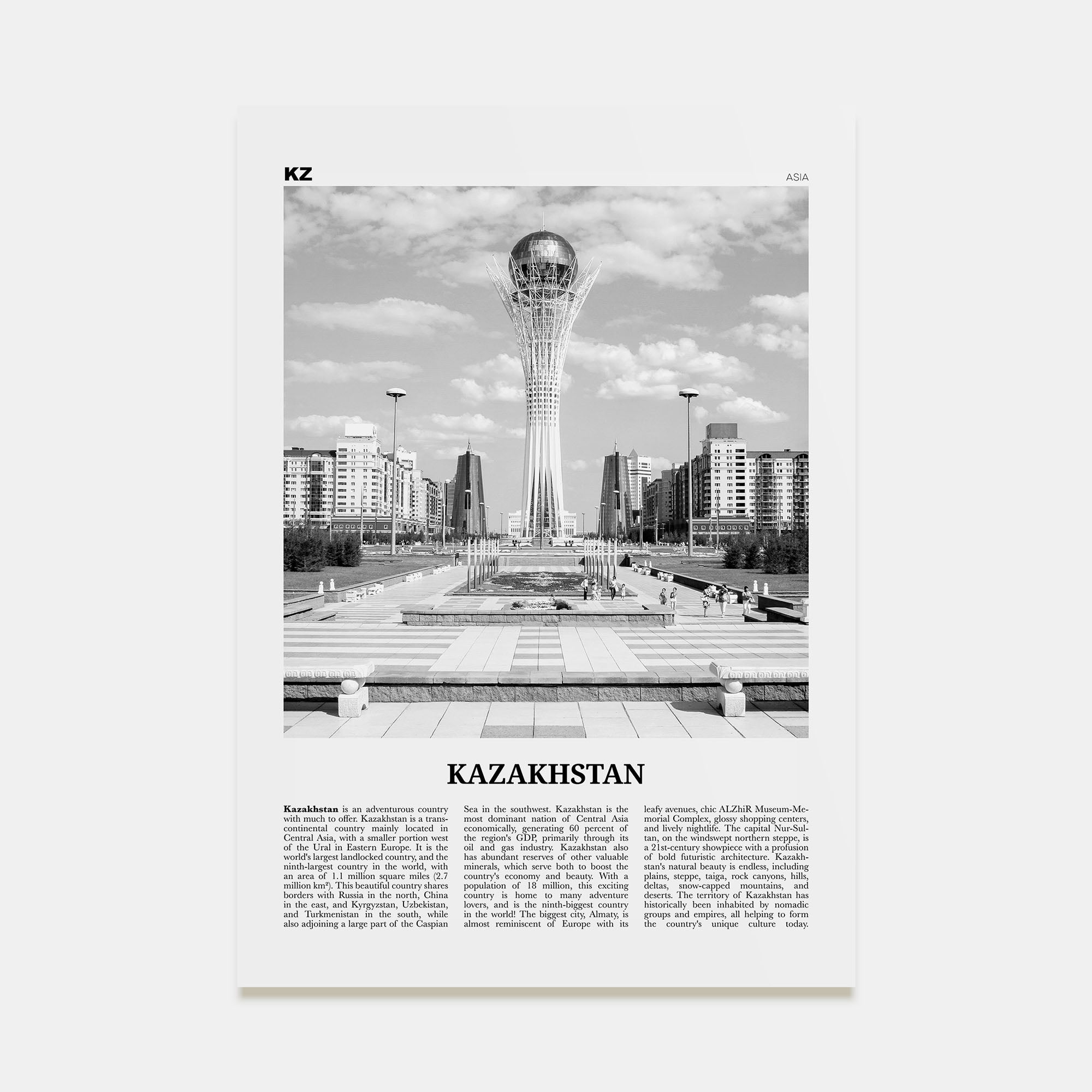 Kazakhstan Travel B&W Poster