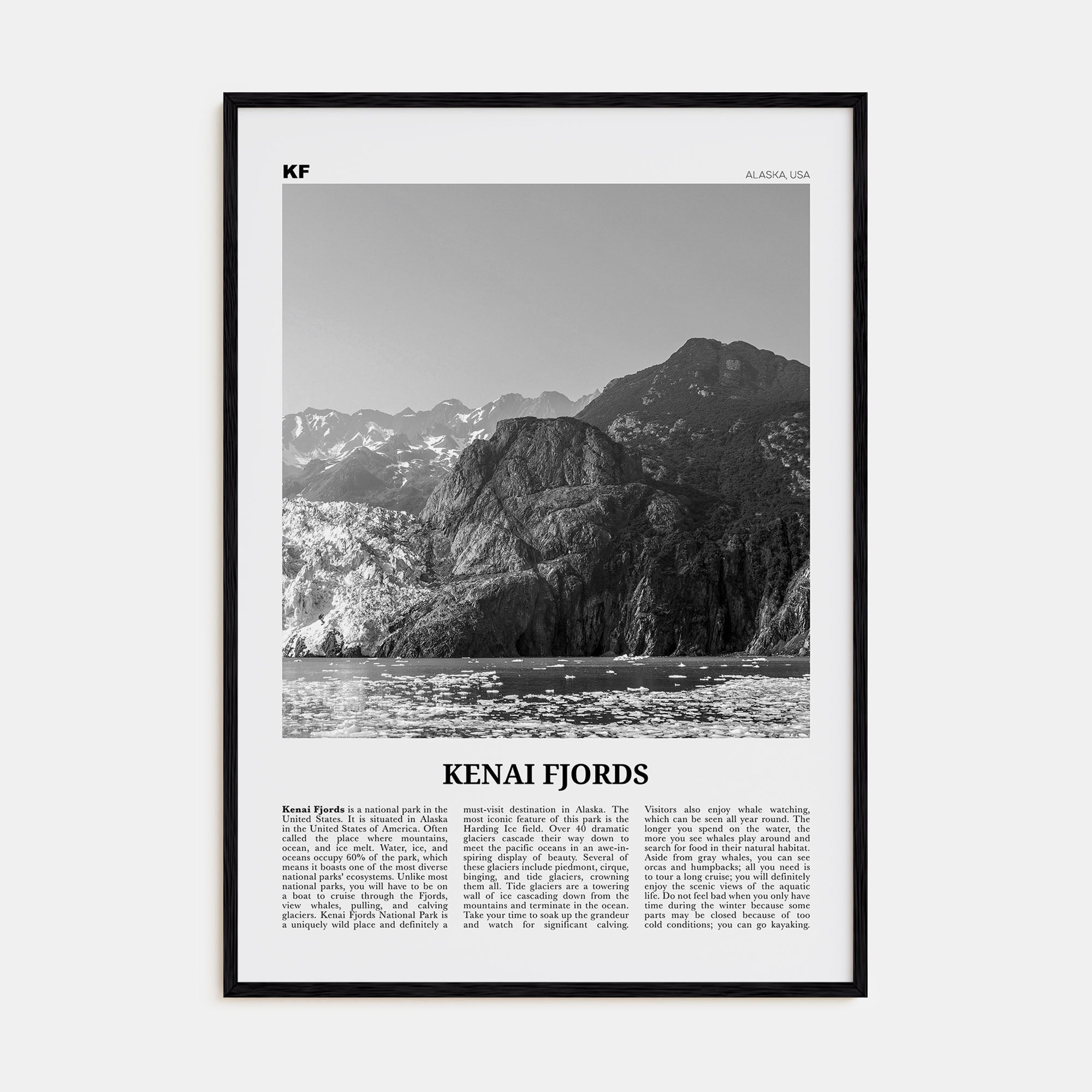 Kenai Fjords National Park Travel B&W Poster