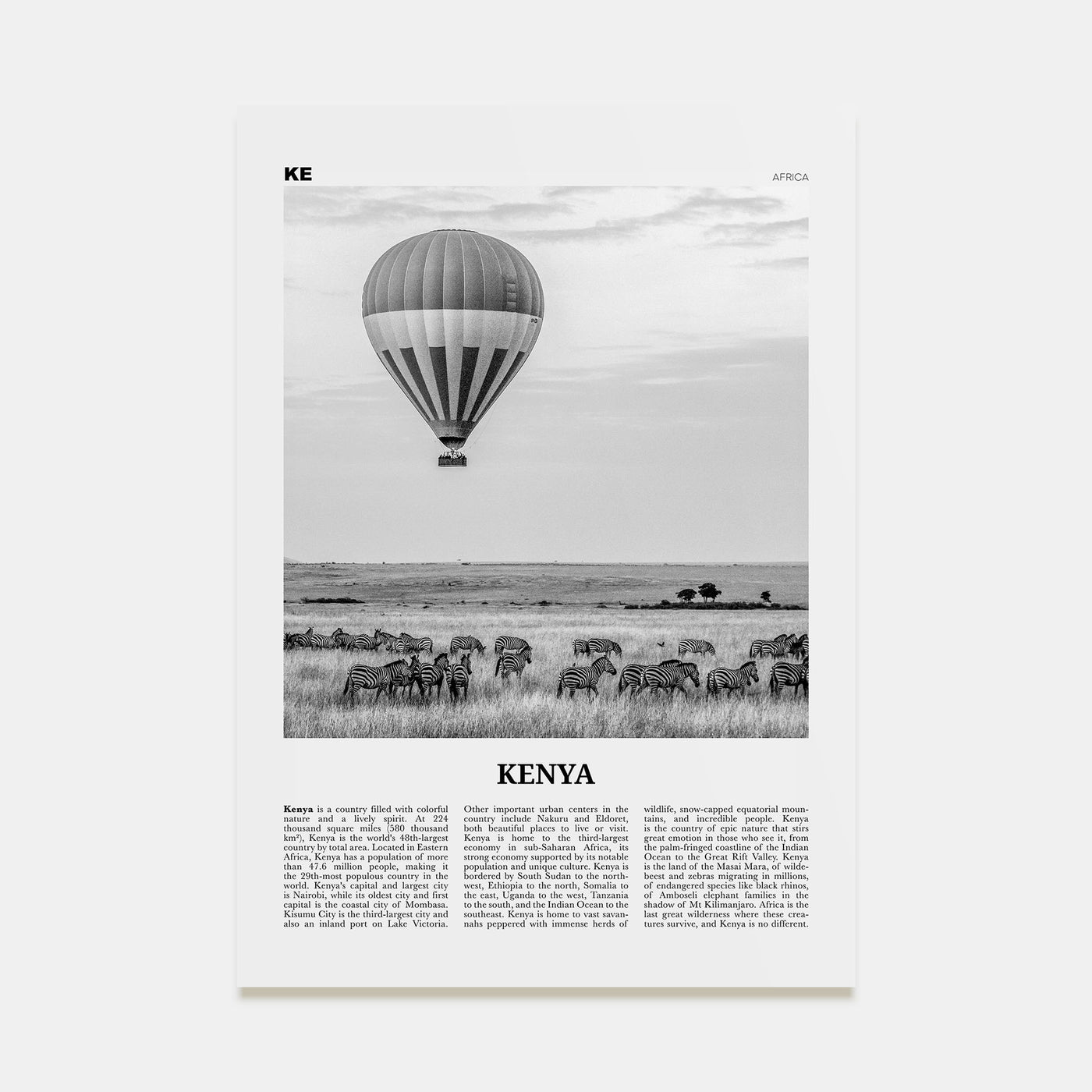 Kenya Travel B&W Poster