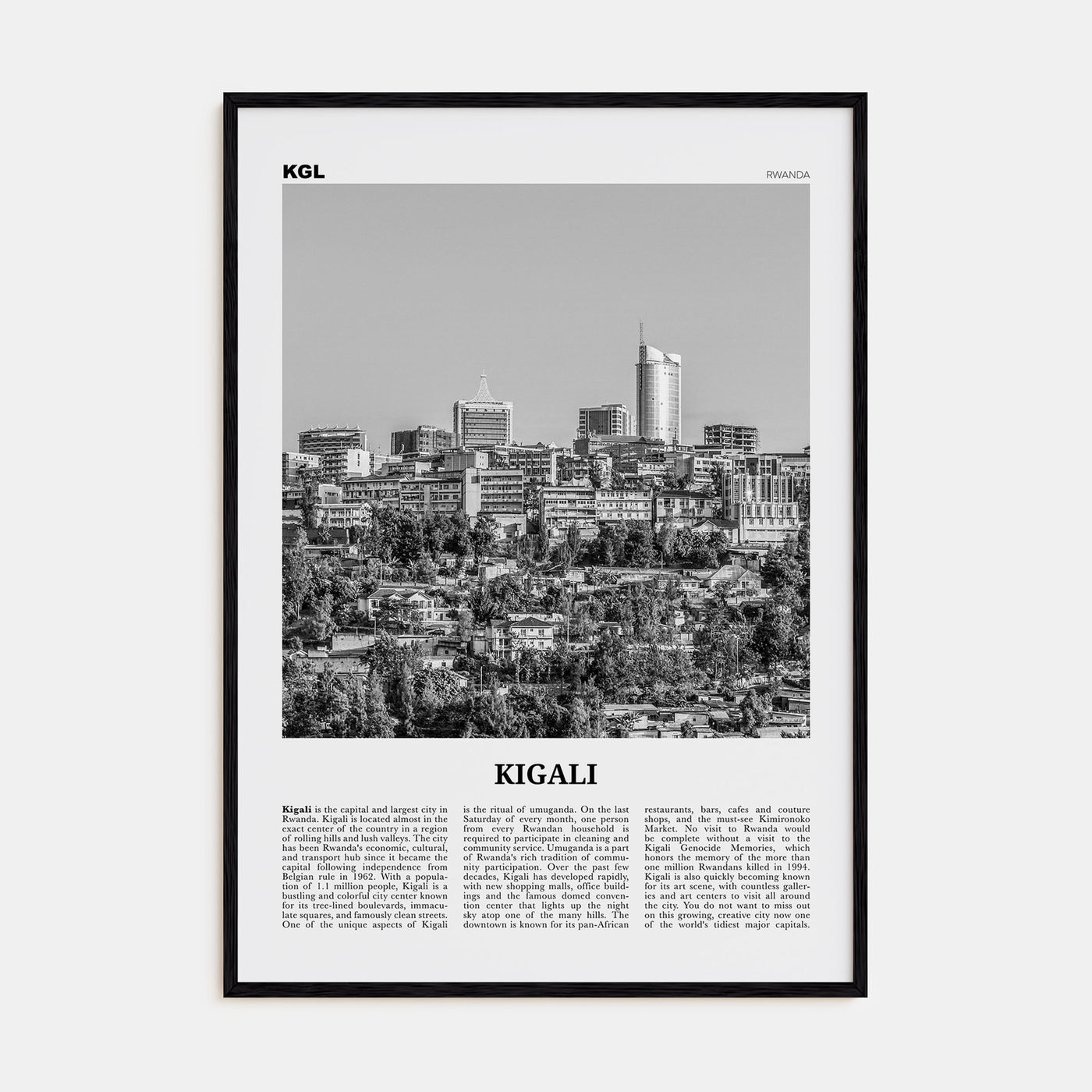 Kigali Travel B&W Poster