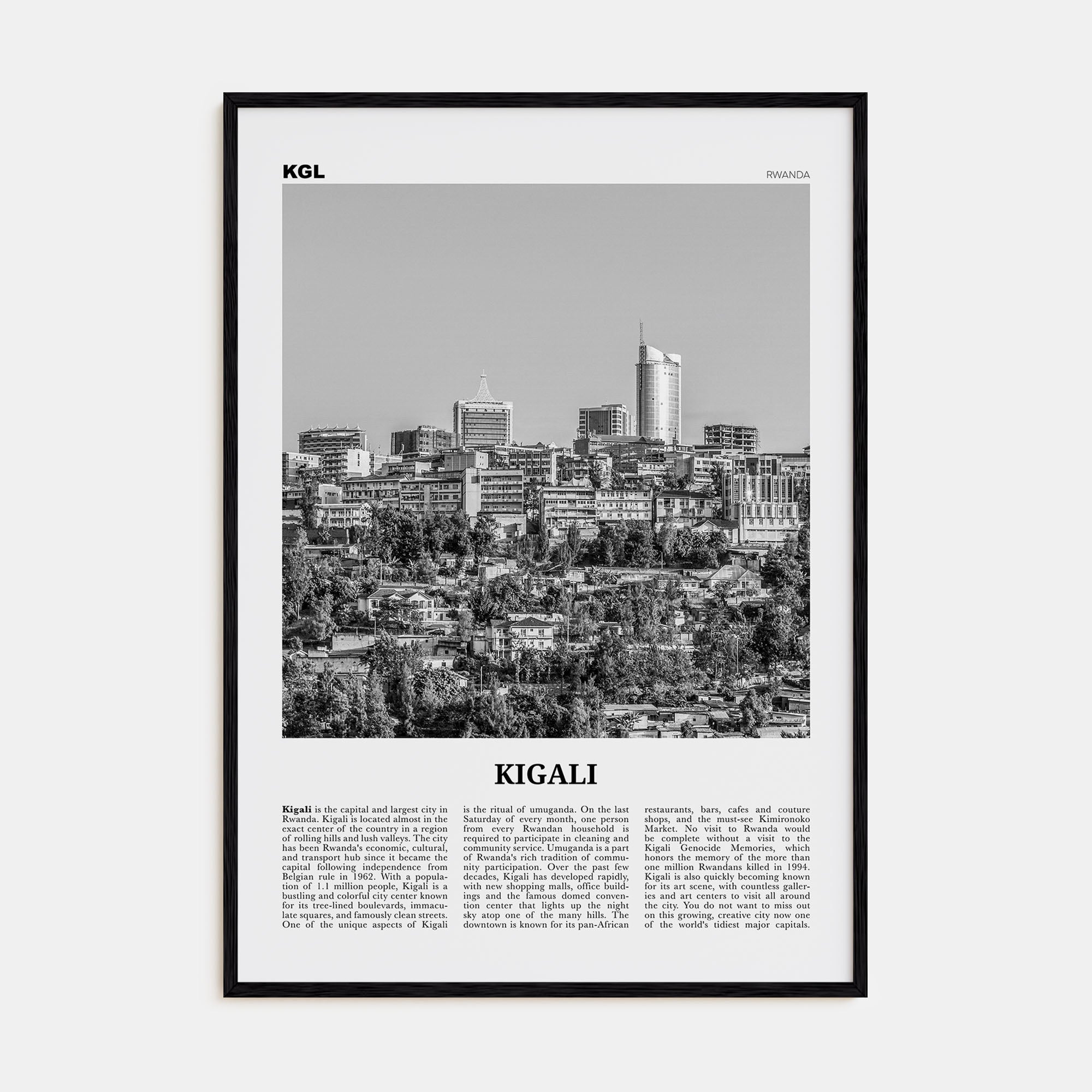 Kigali Travel B&W Poster