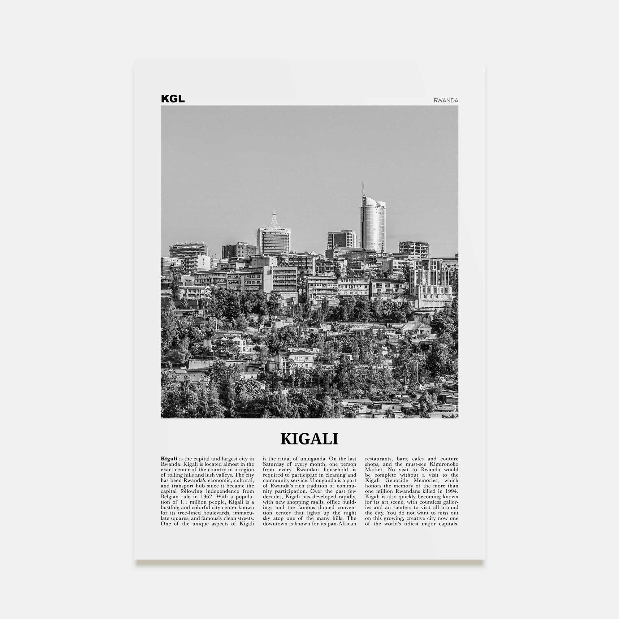 Kigali Travel B&W Poster