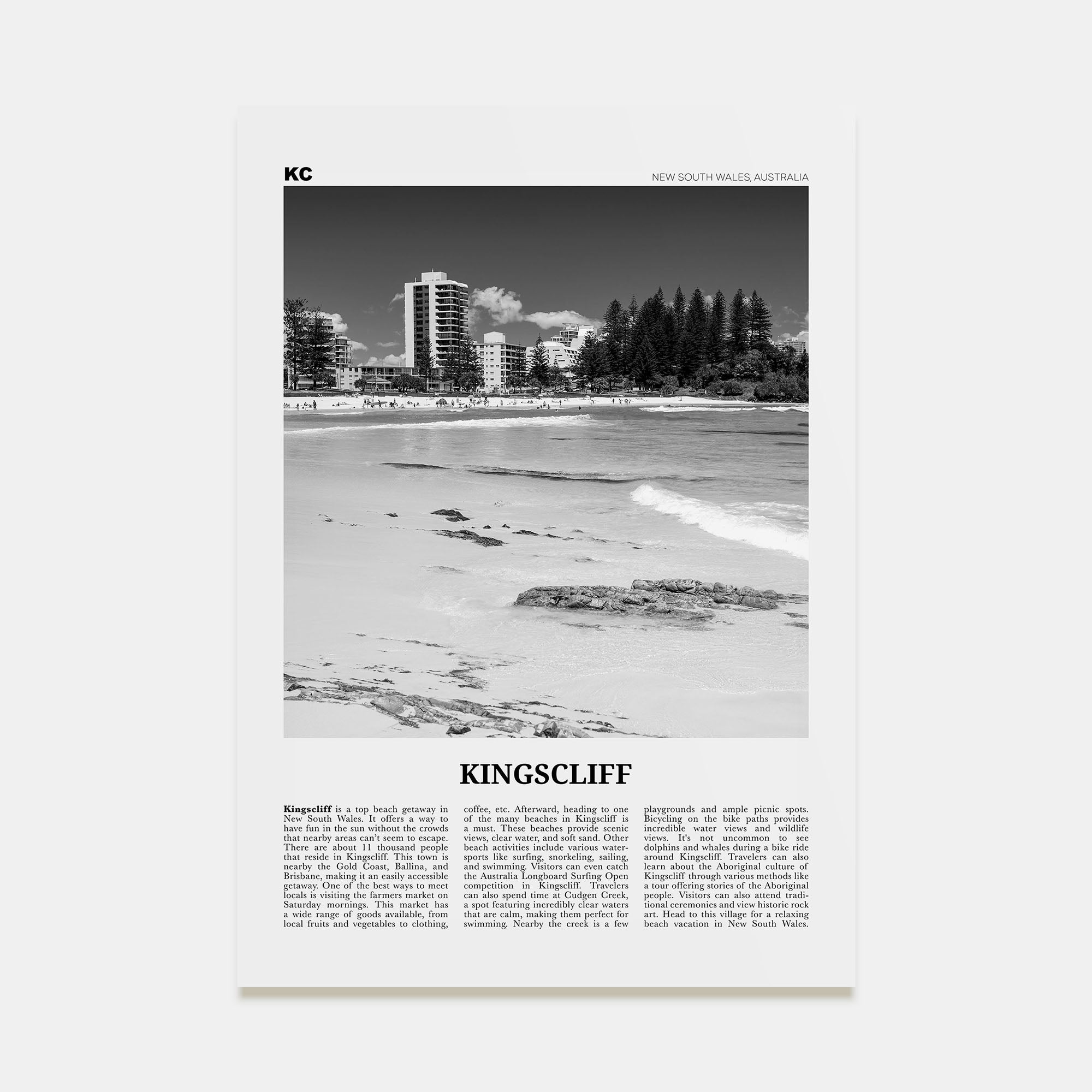 Kingscliff Travel B&W Poster