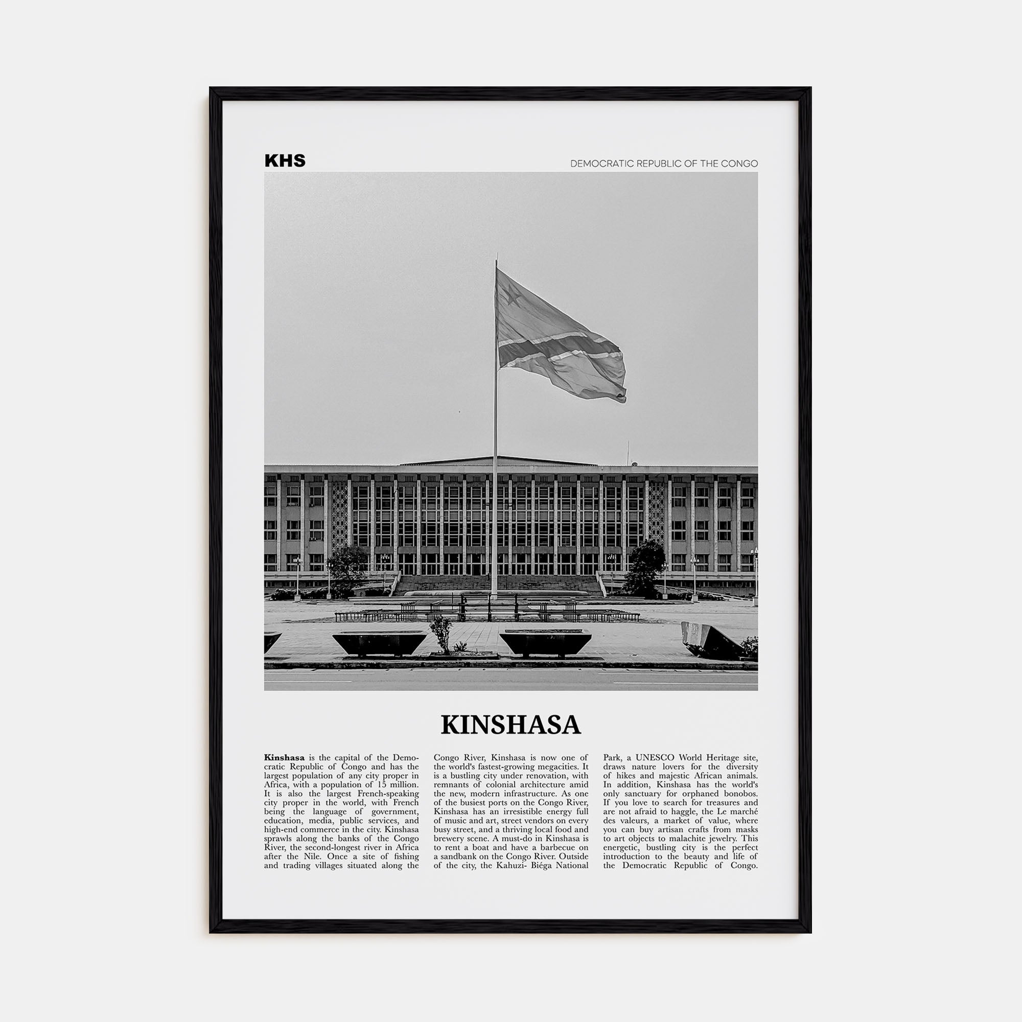 Kinshasa Travel B&W Poster