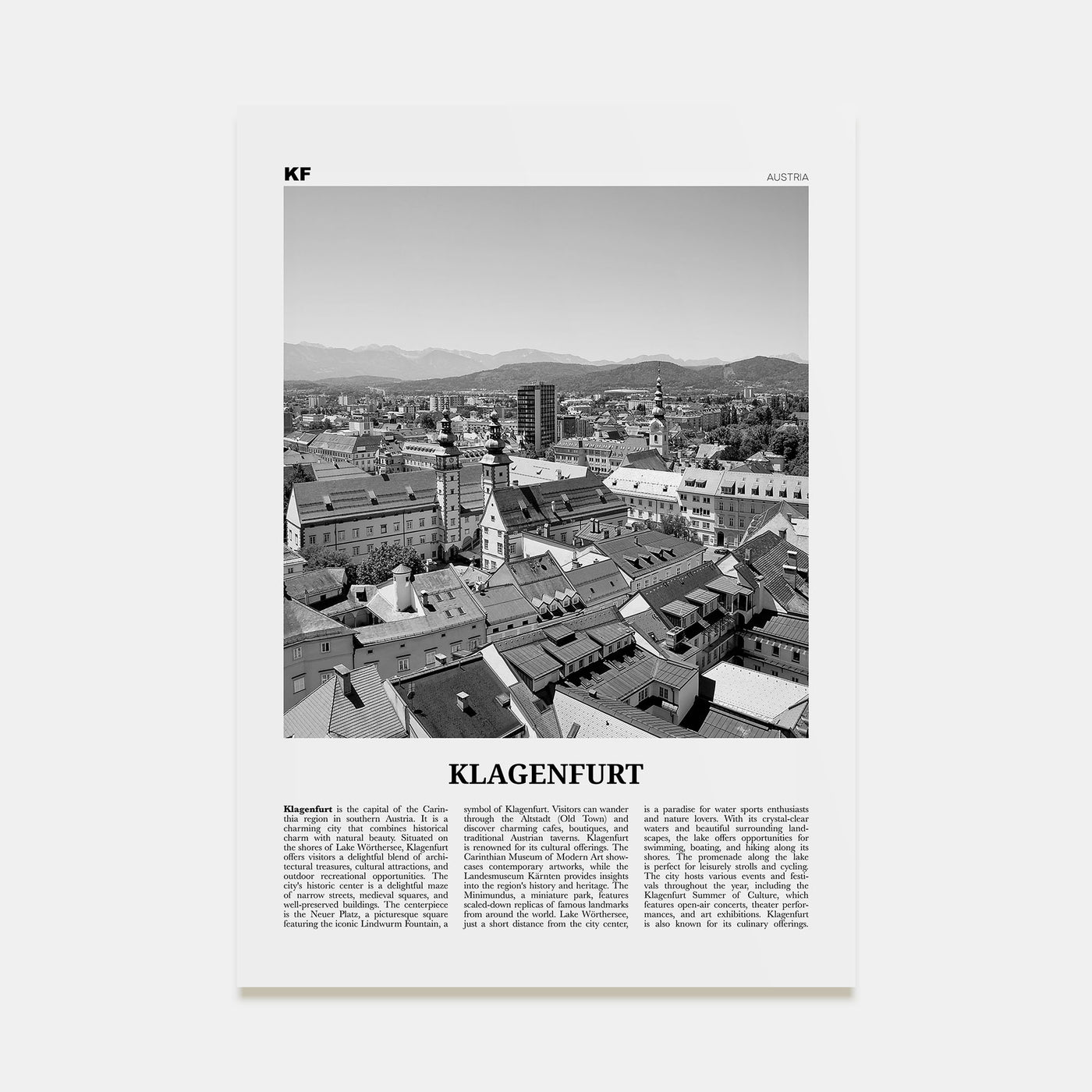 Klagenfurt Travel B&W Poster