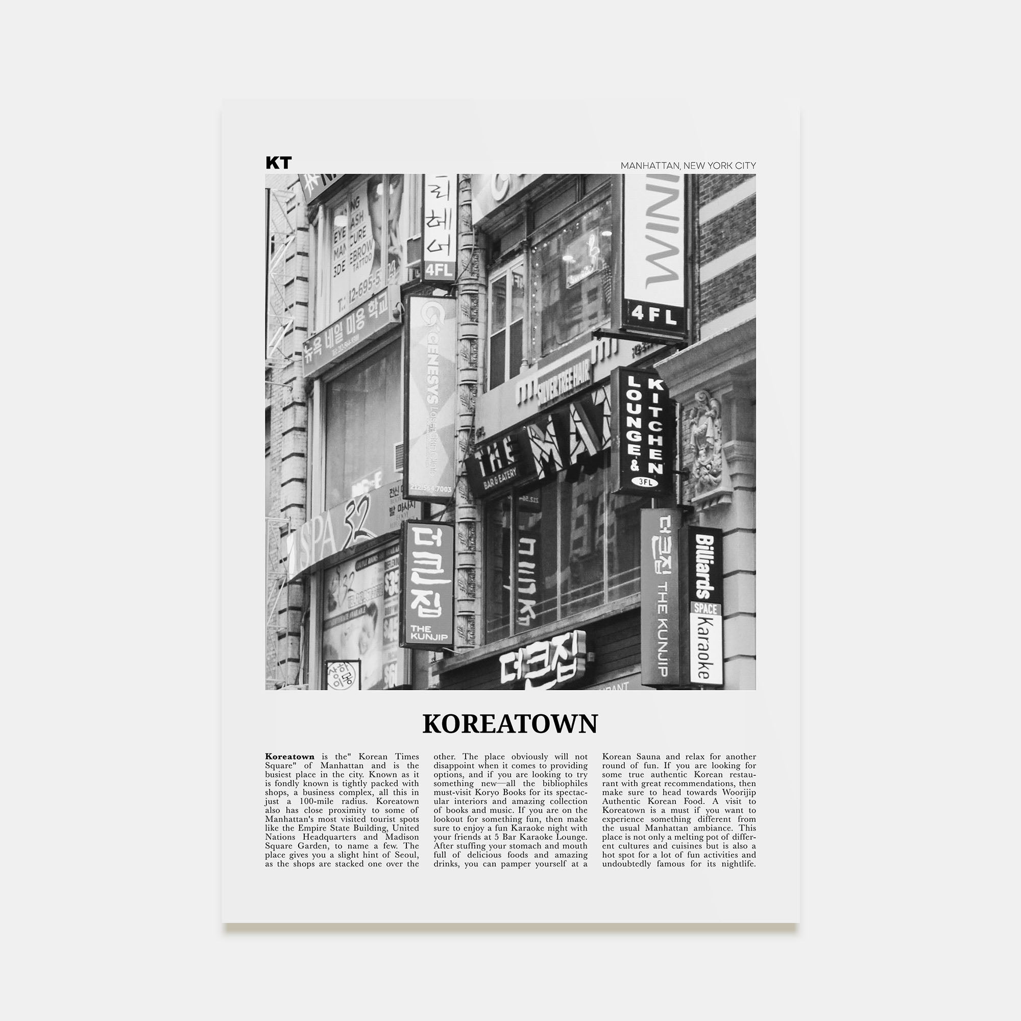 Koreatown, New York Travel B&W Poster
