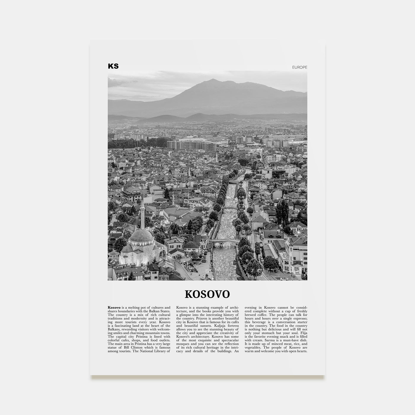 Kosovo Travel B&W Poster