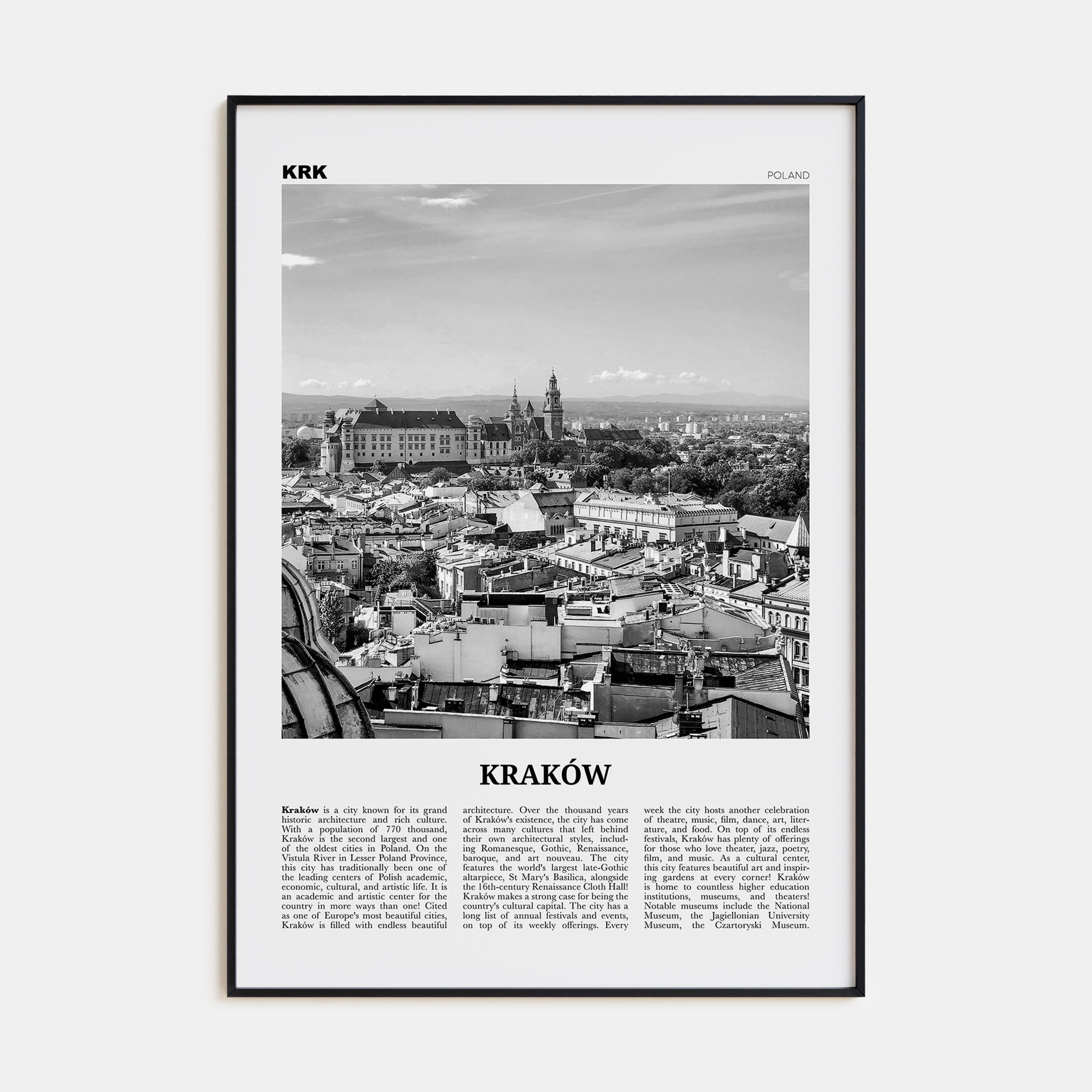 Kraków Travel B&W Poster