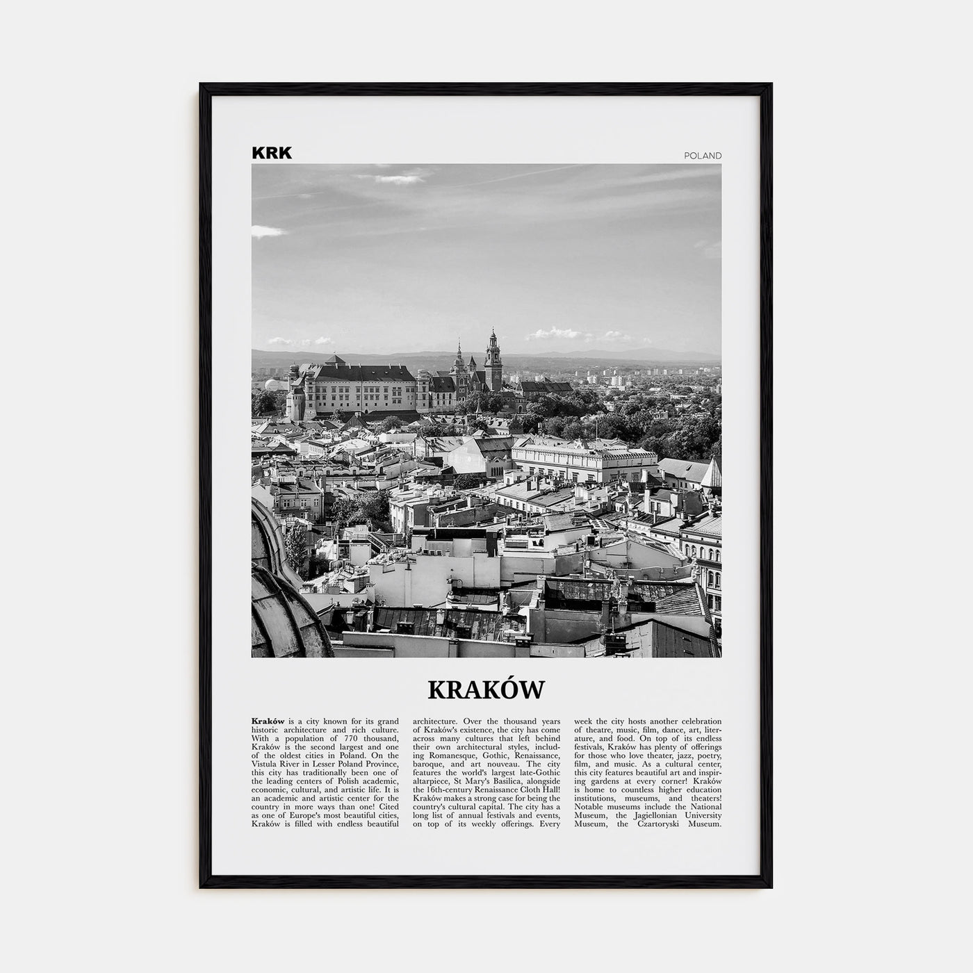 Kraków Travel B&W Poster