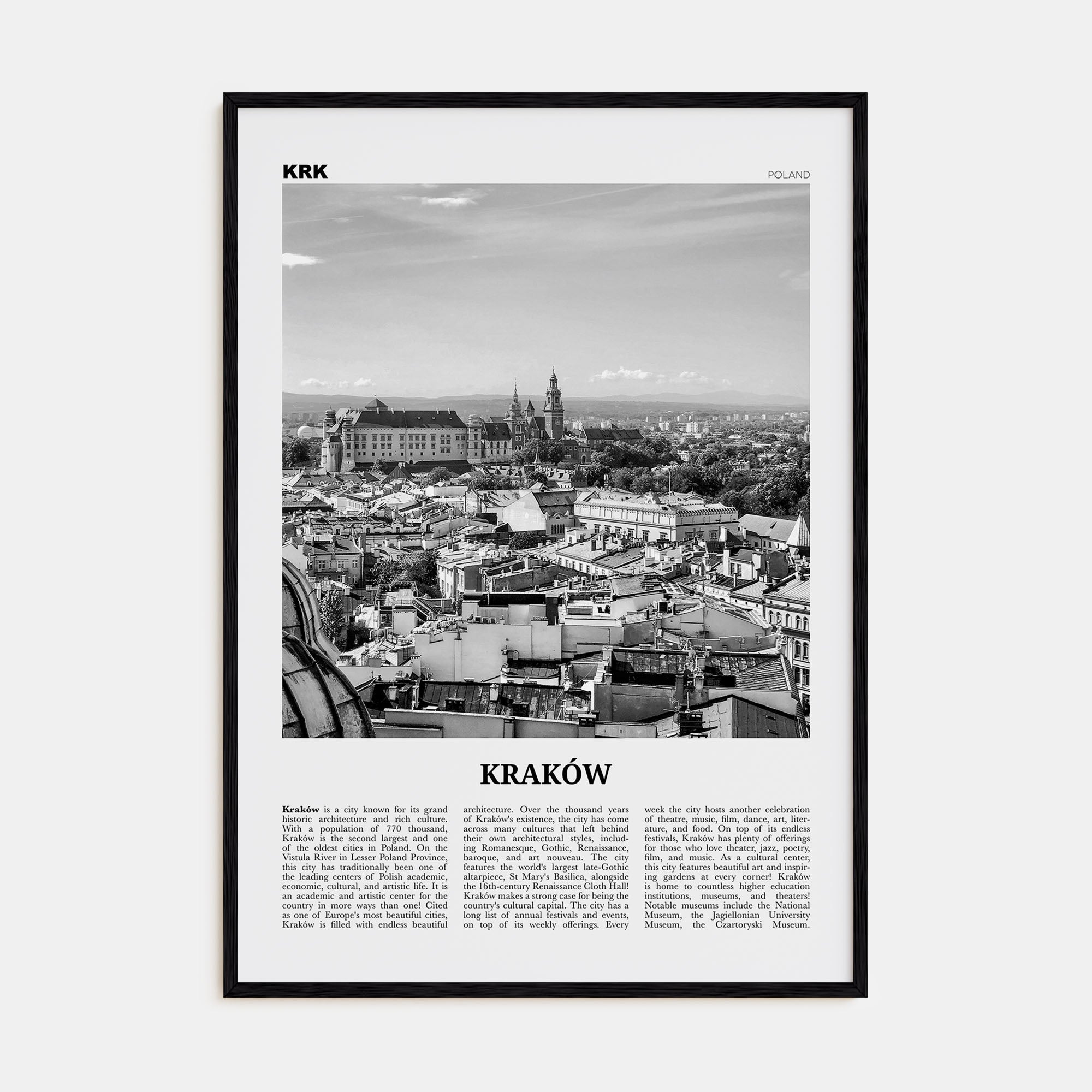 Kraków Travel B&W Poster