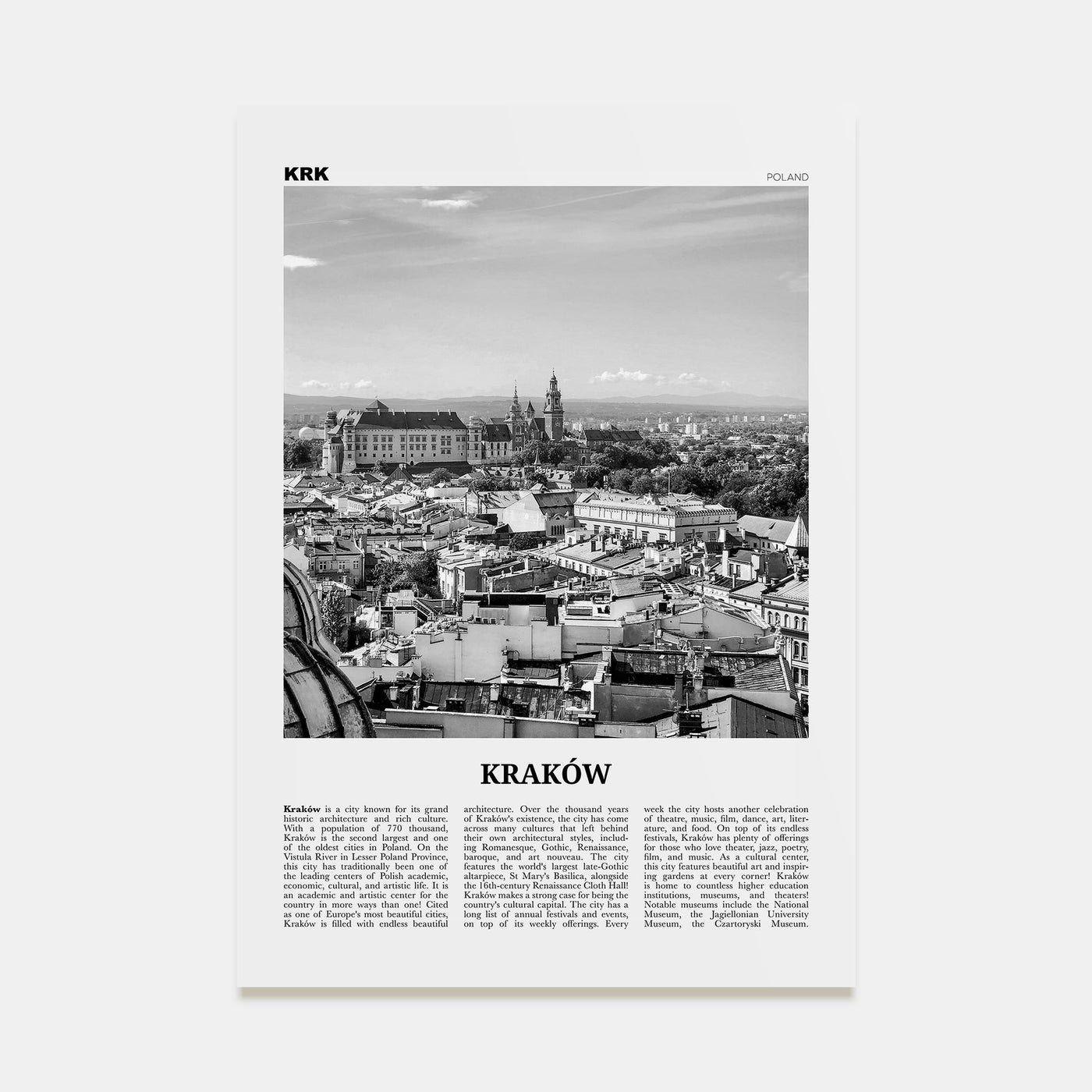 Kraków Travel B&W Poster