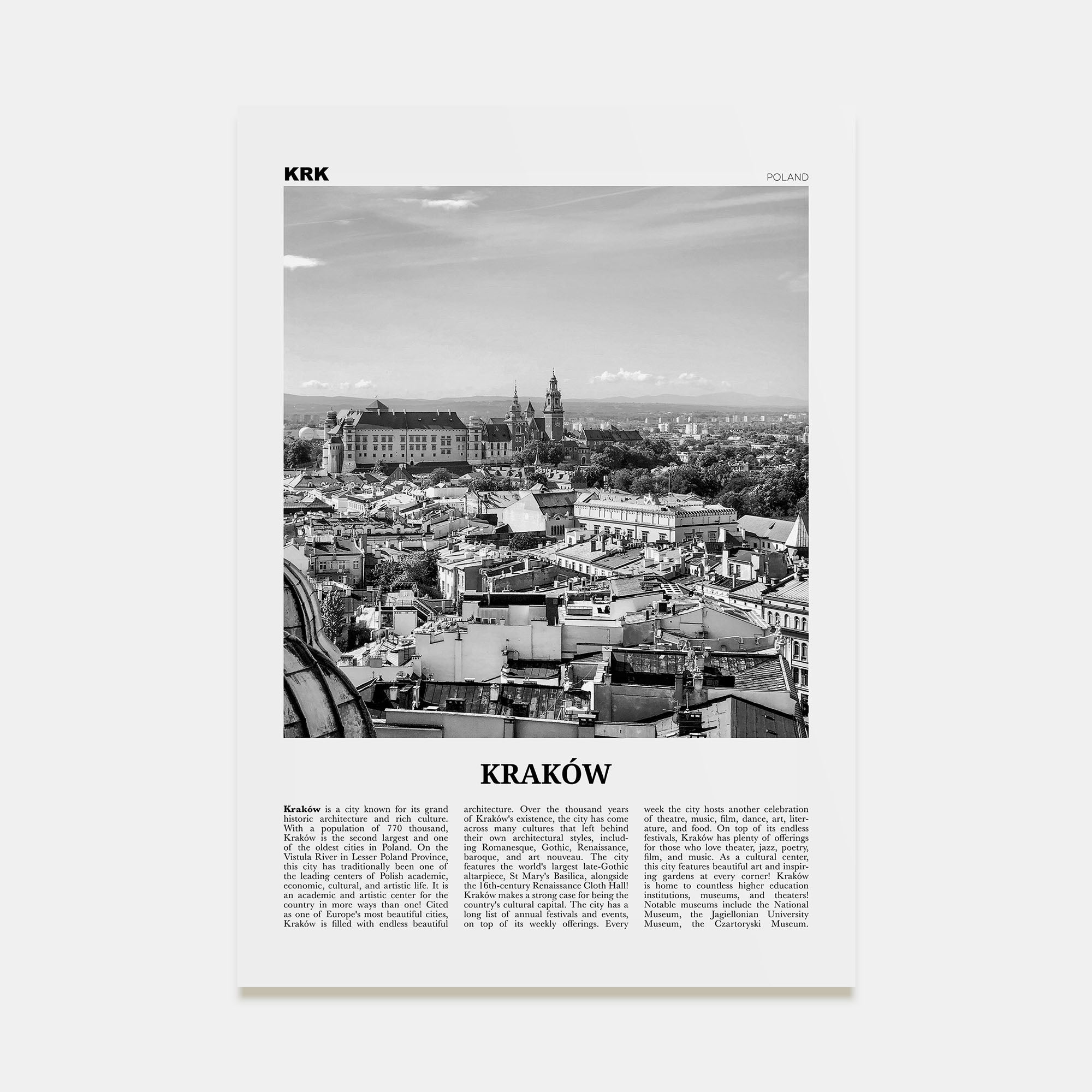 Kraków Travel B&W Poster