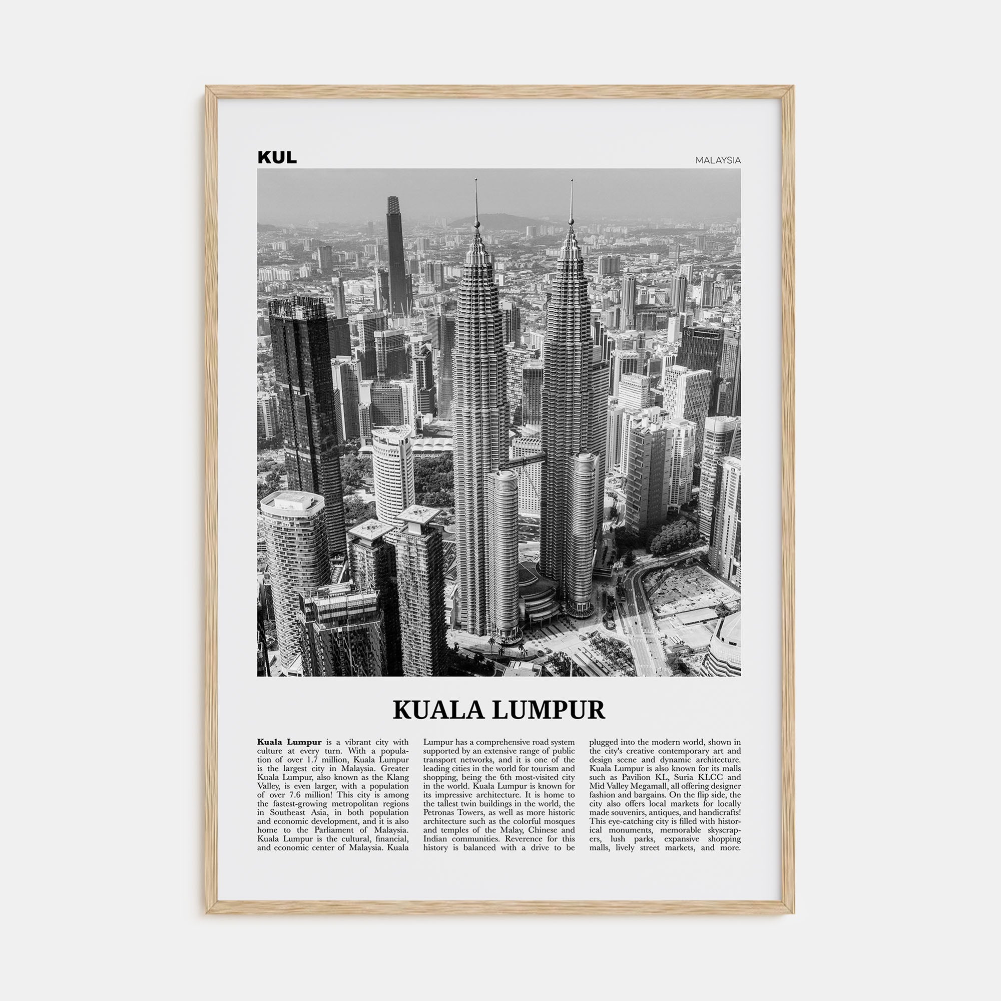Kuala Lumpur Travel B&W No 1 Poster