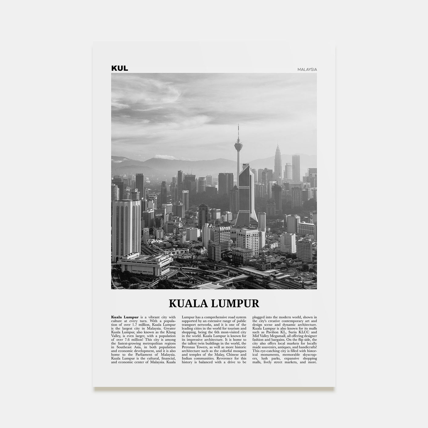 Kuala Lumpur Travel B&W No 3 Poster