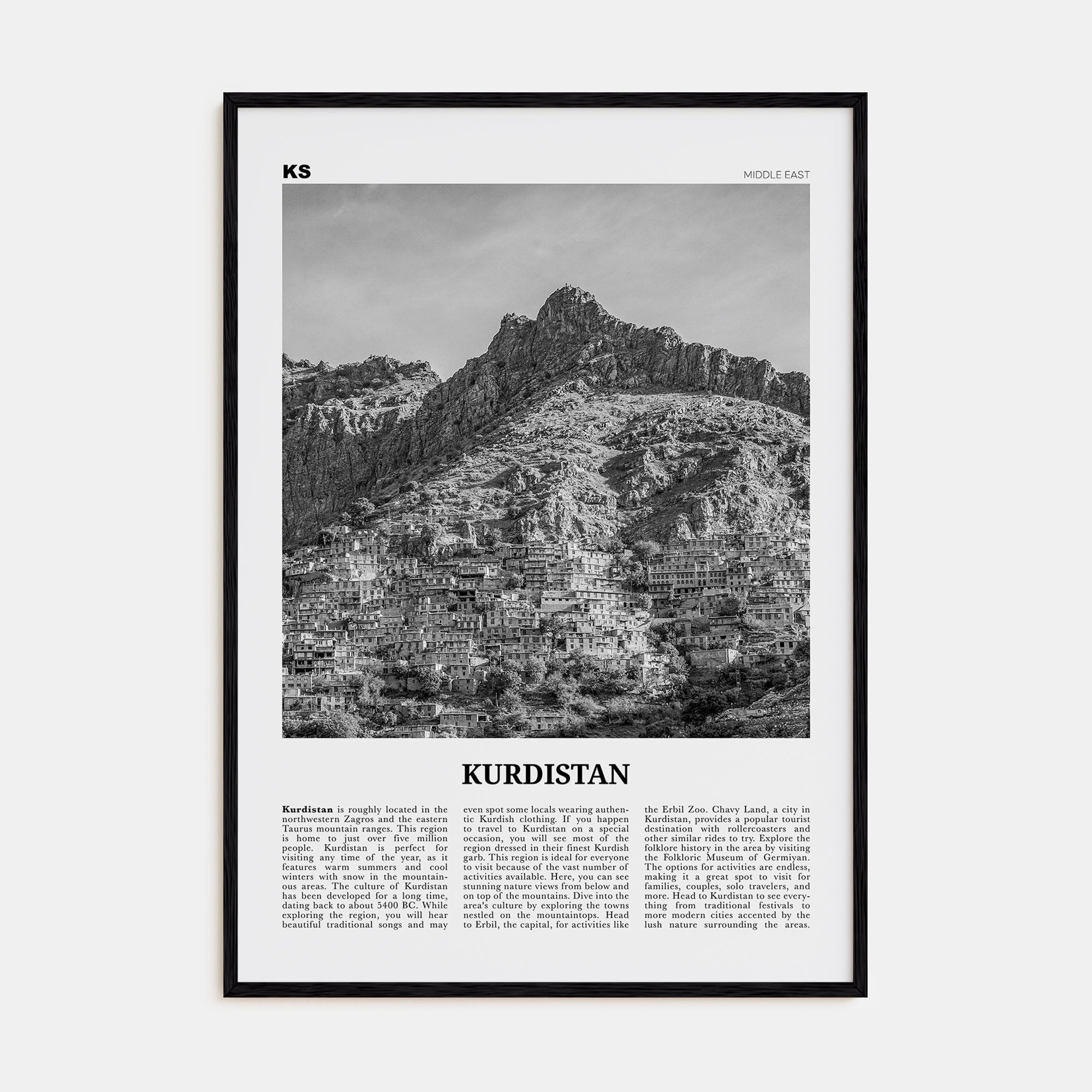 Kurdistan Travel B&W Poster