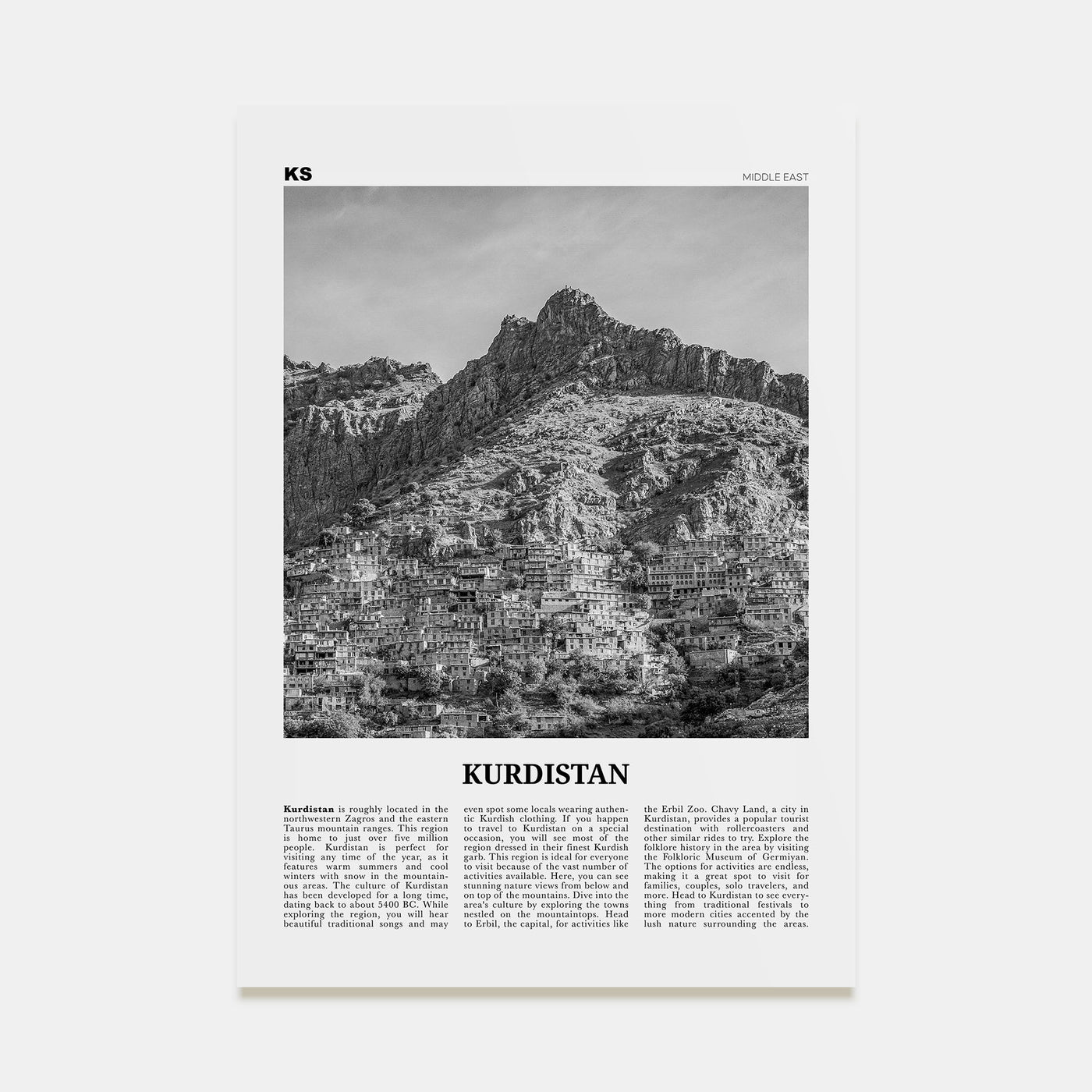 Kurdistan Travel B&W Poster