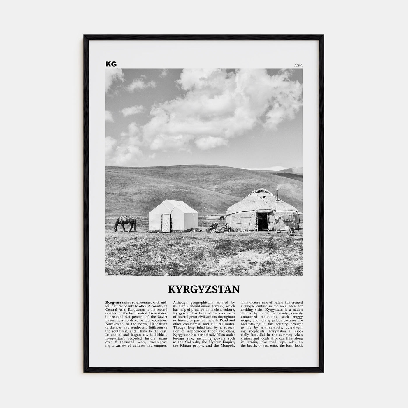 Kyrgyzstan Travel B&W Poster