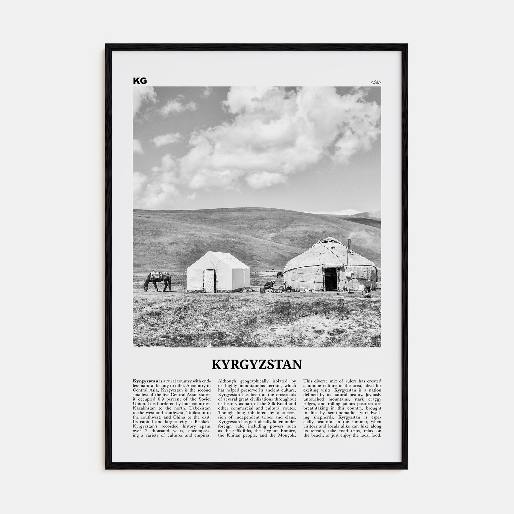 Kyrgyzstan Travel B&W Poster