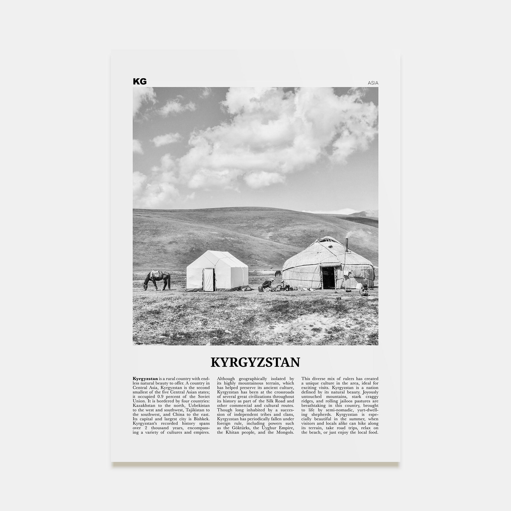 Kyrgyzstan Travel B&W Poster