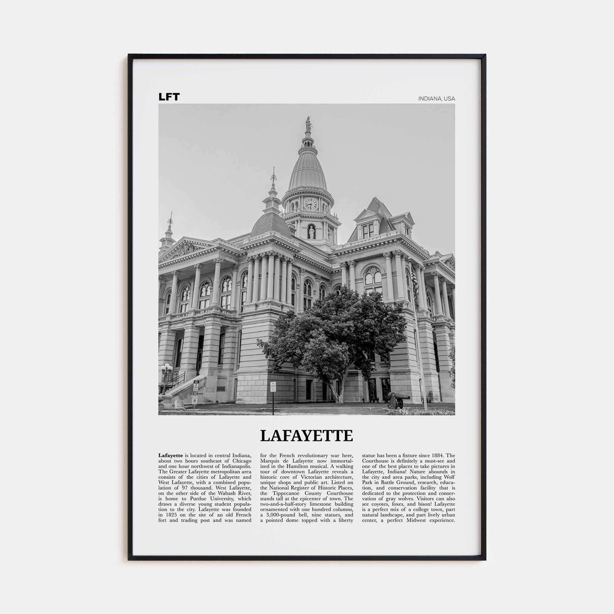 Lafayette, Indiana Travel B&W Poster