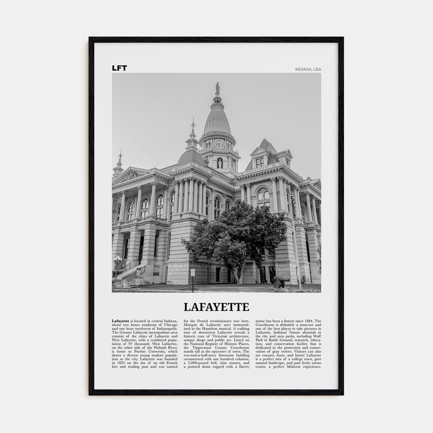 Lafayette, Indiana Travel B&W Poster