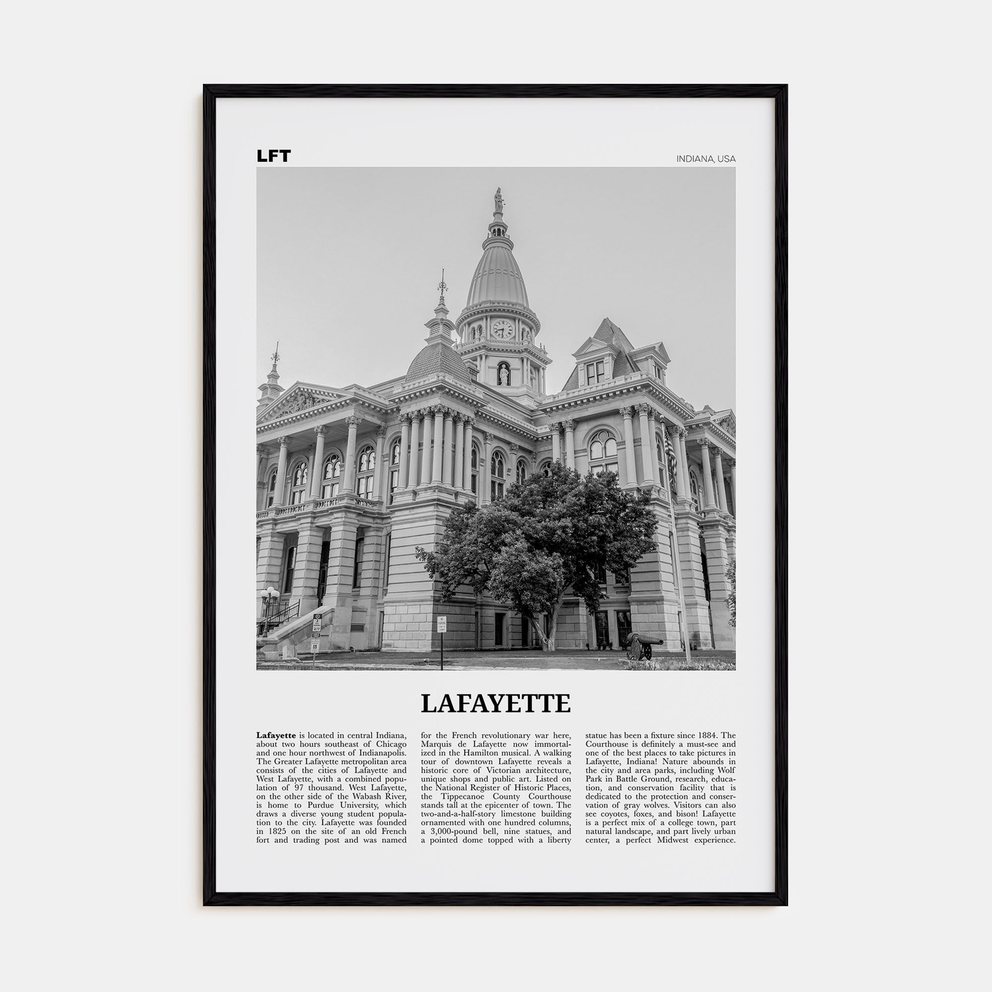 Lafayette, Indiana Travel B&W Poster