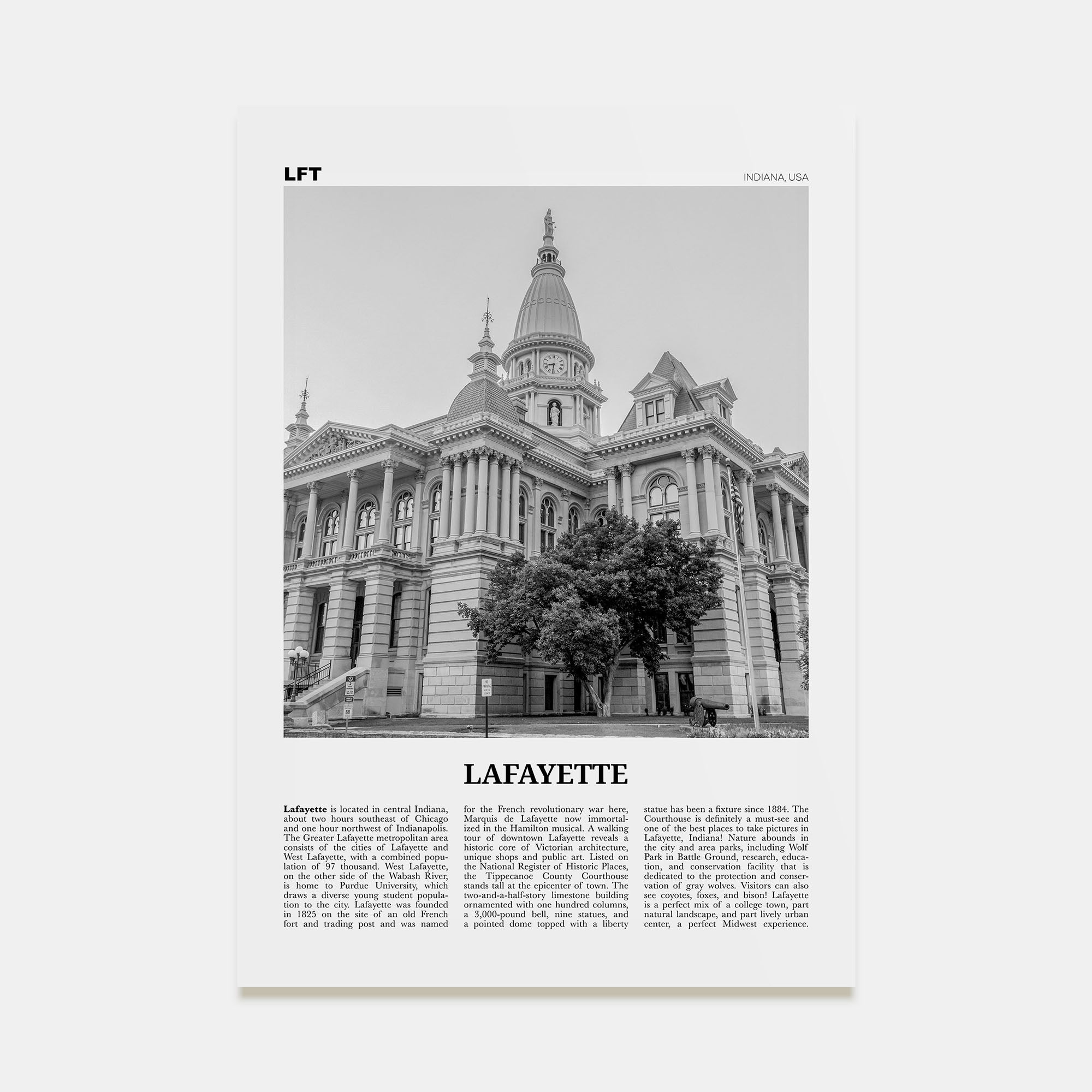 Lafayette, Indiana Travel B&W Poster