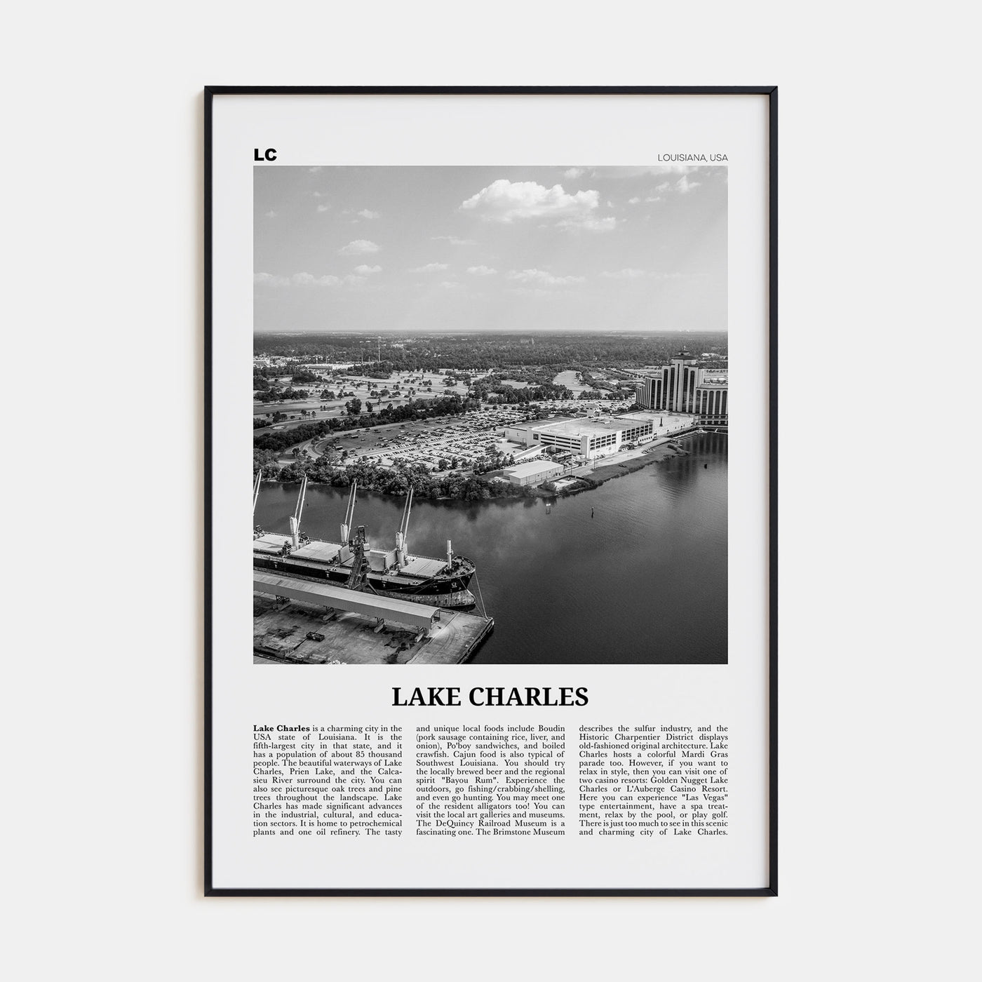Lake Charles Travel B&W Poster