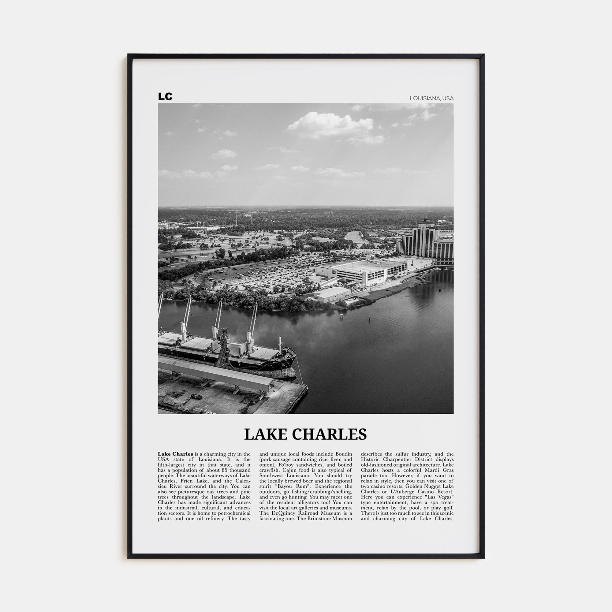 Lake Charles Travel B&W Poster