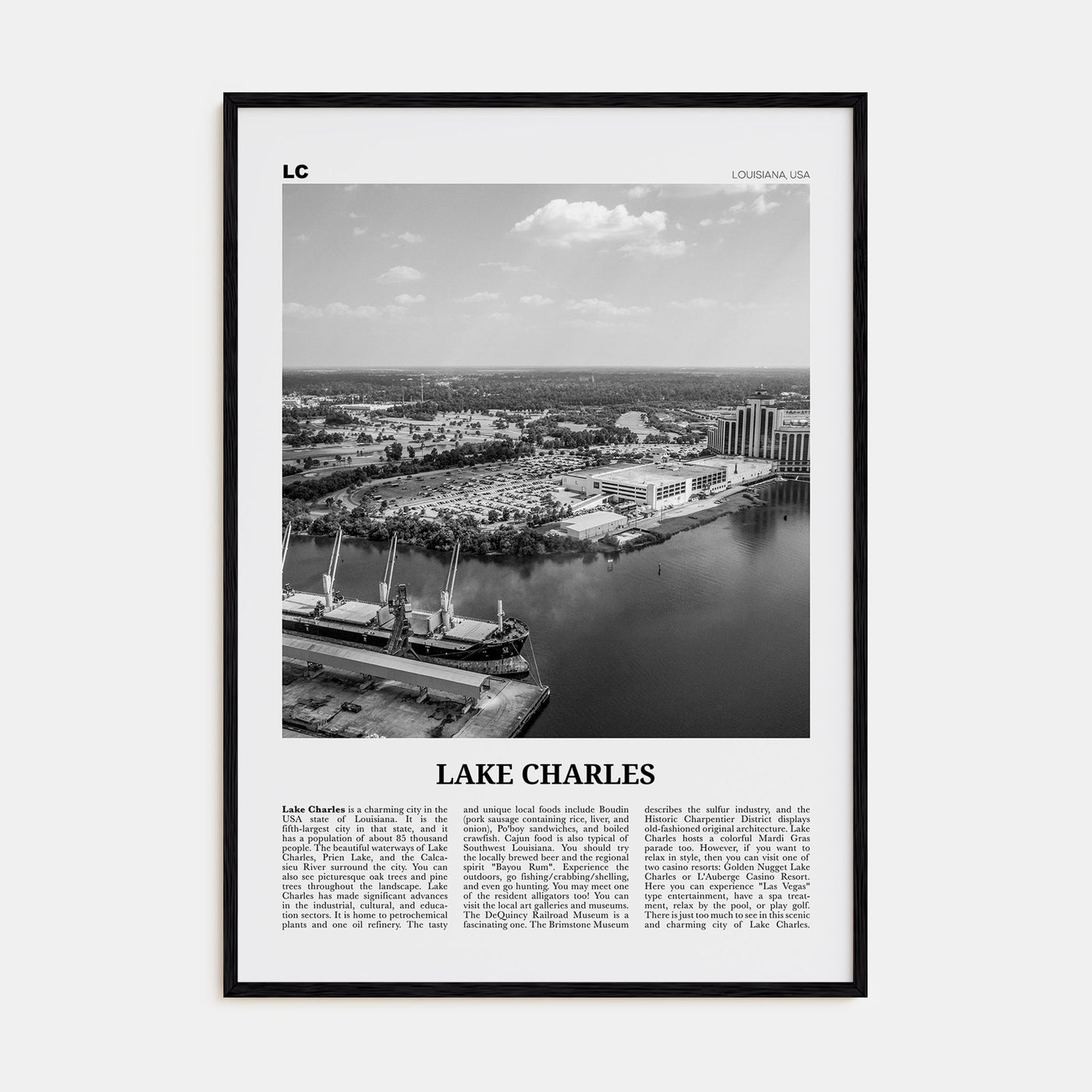 Lake Charles Travel B&W Poster