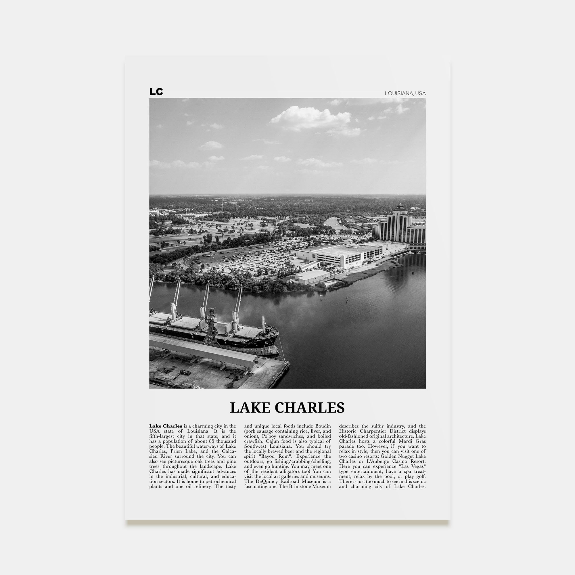 Lake Charles Travel B&W Poster