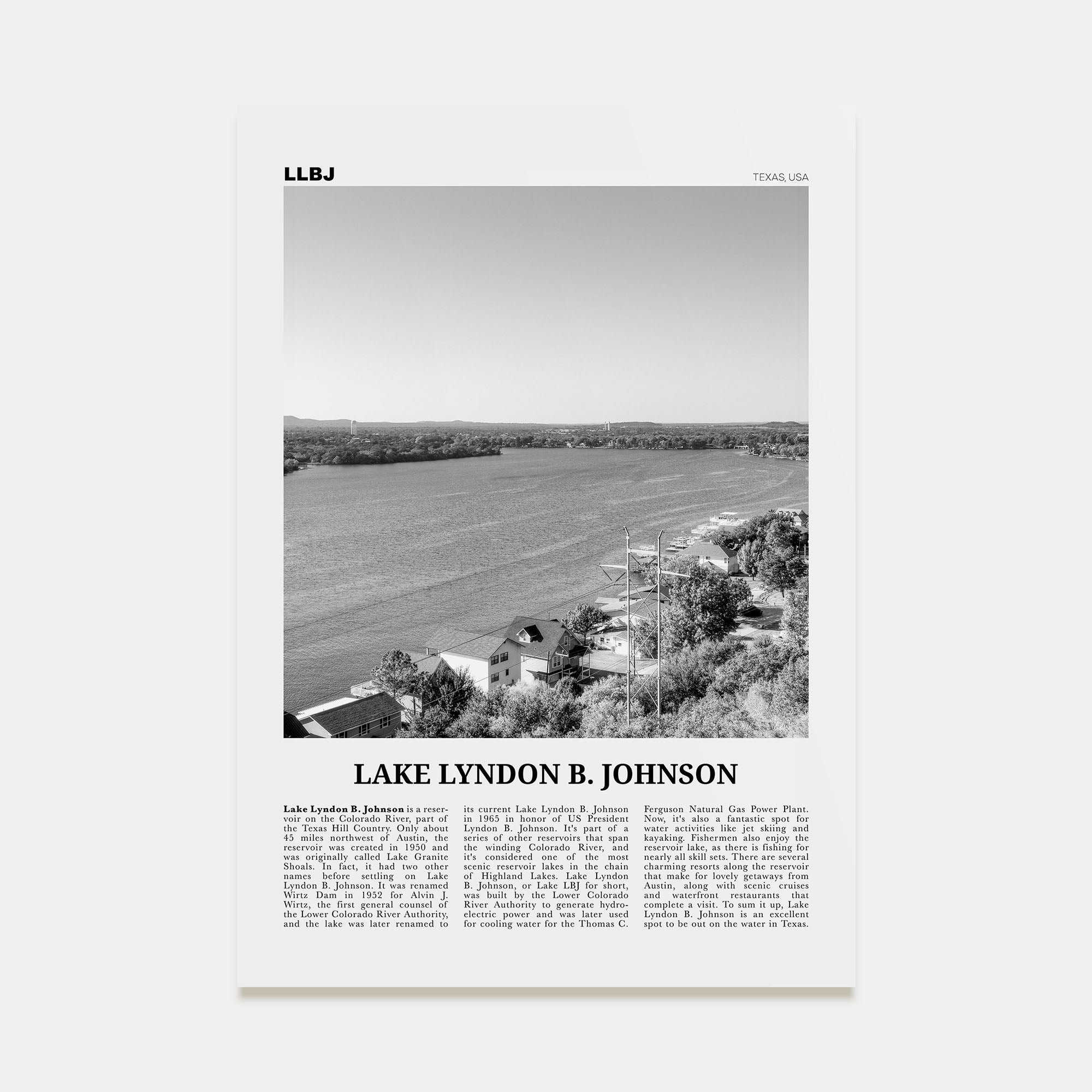 Lake Lyndon B. Johnson Travel B&W Poster