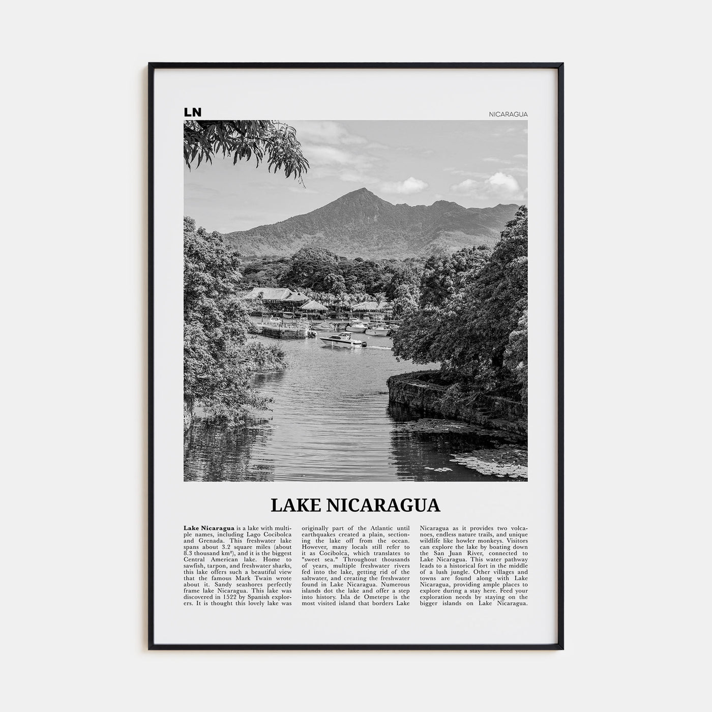 Lake Nicaragua Travel B&W Poster