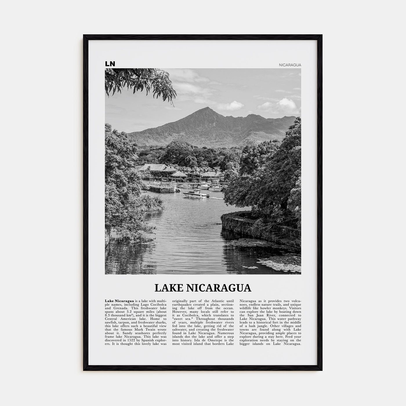 Lake Nicaragua Travel B&W Poster
