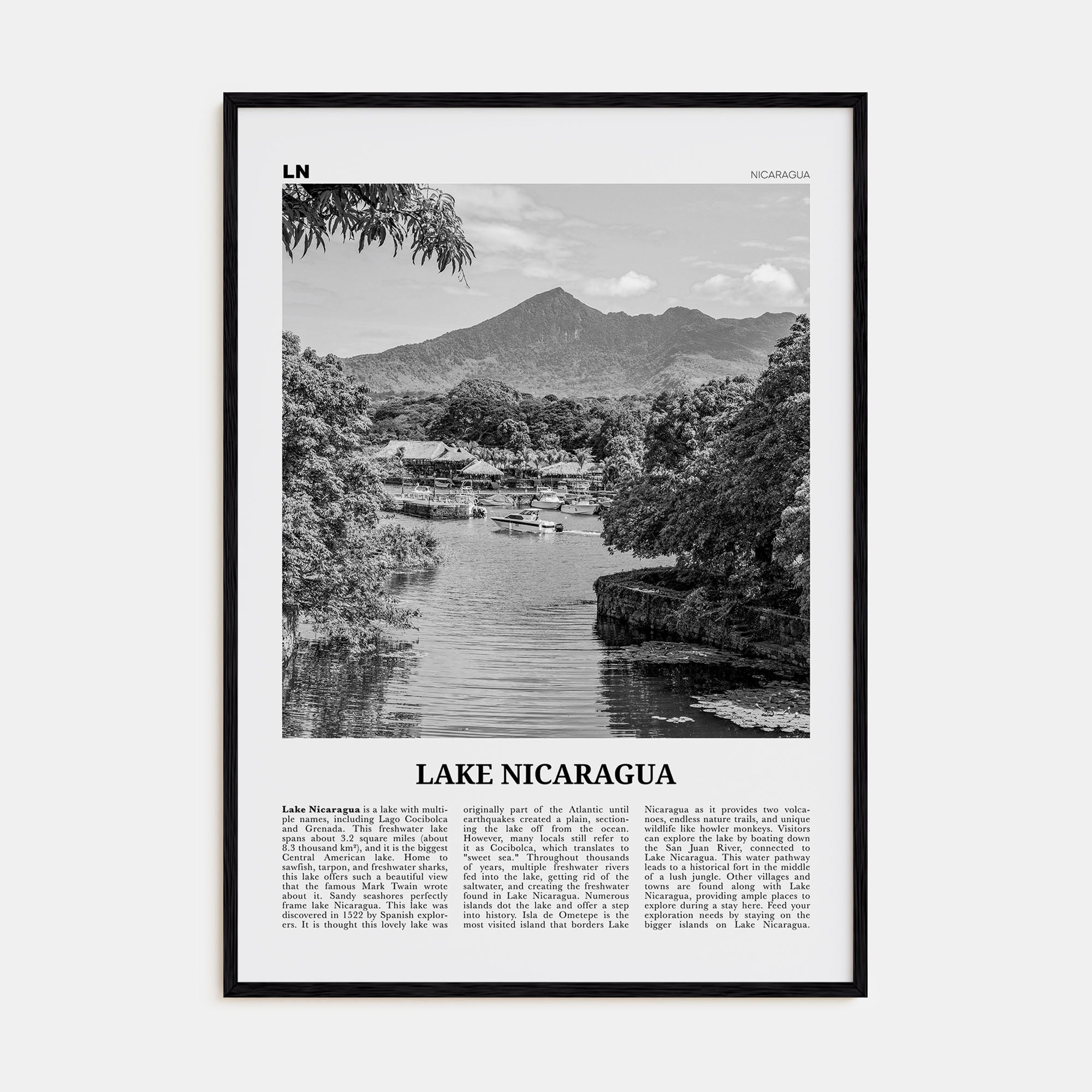 Lake Nicaragua Travel B&W Poster