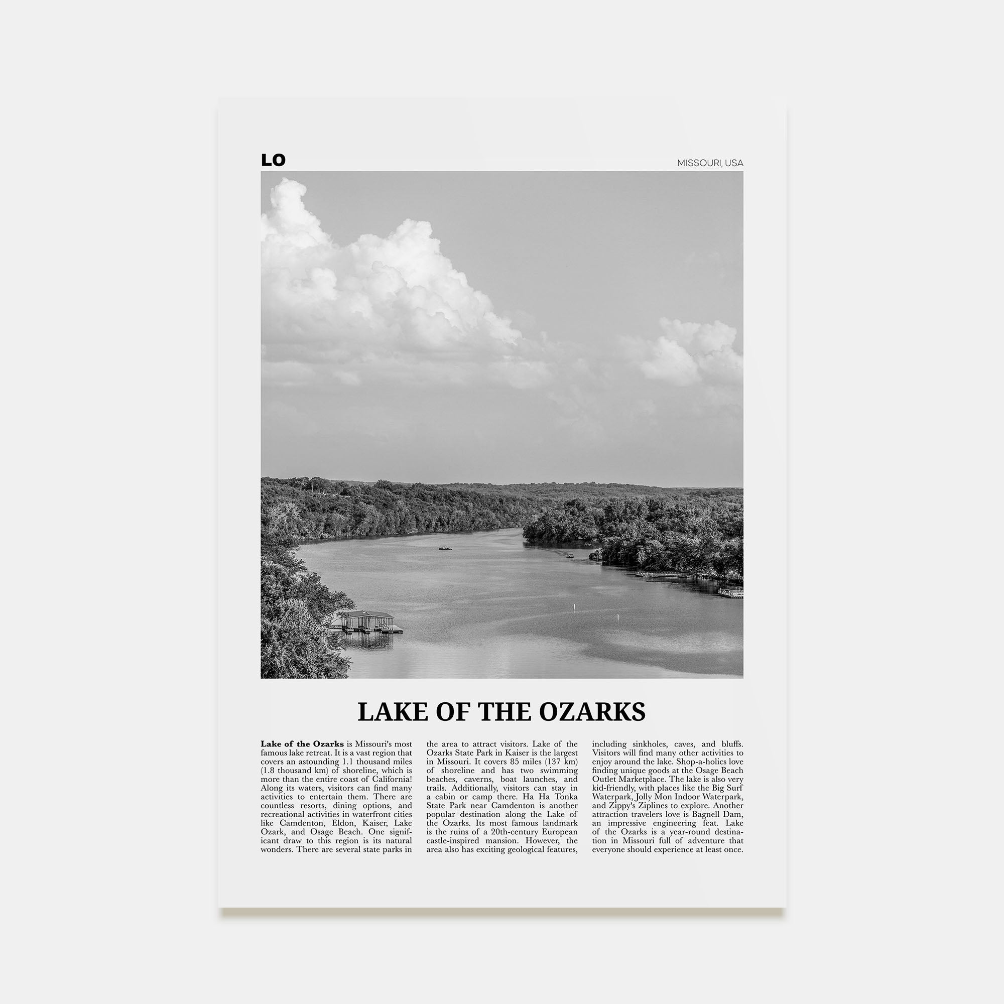 Lake of the Ozarks Travel B&W Poster