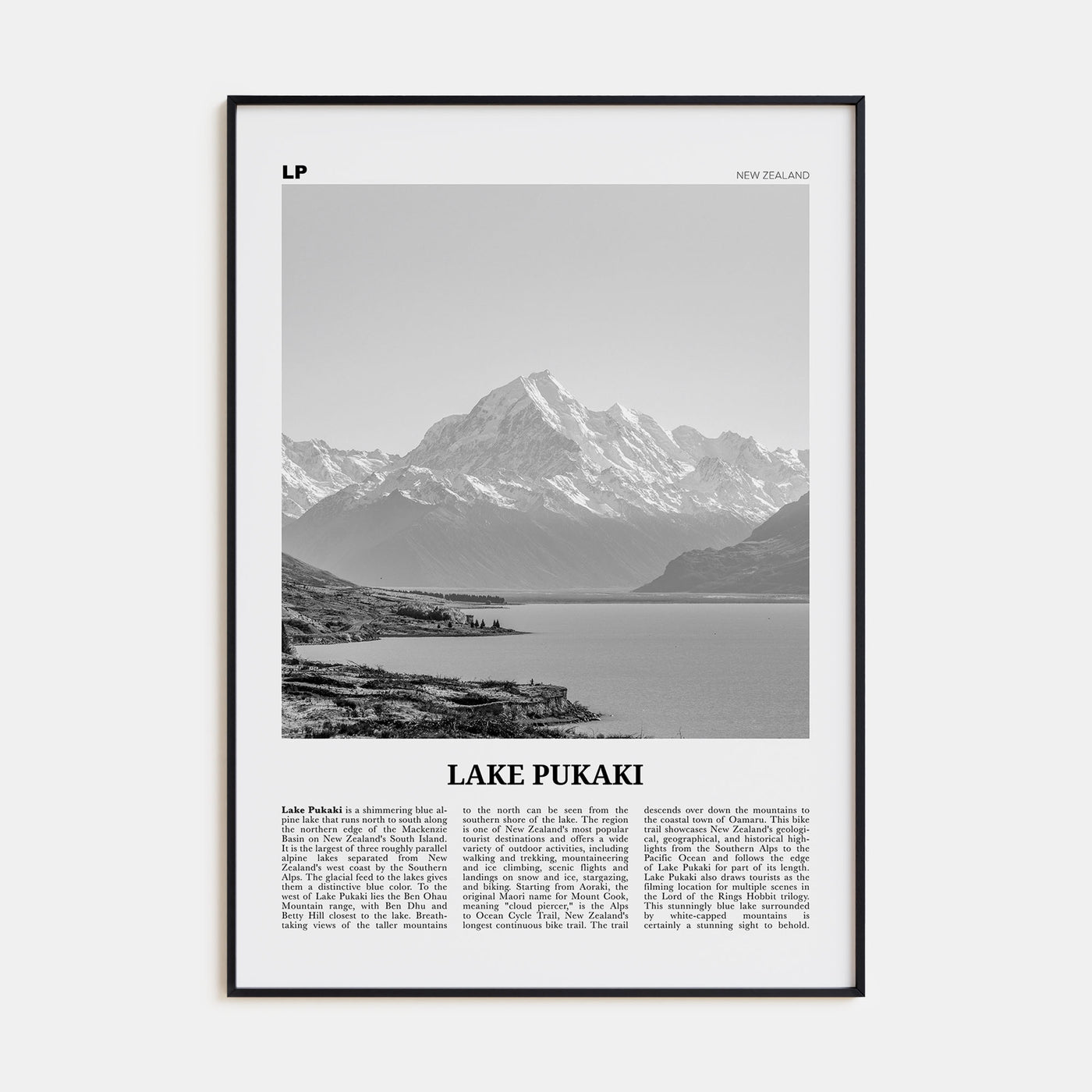 Lake Pukaki Travel B&W Poster