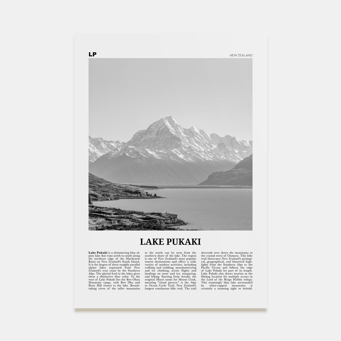 Lake Pukaki Travel B&W Poster