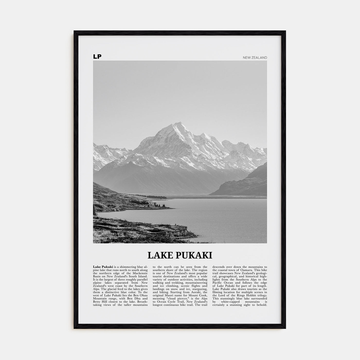 Lake Pukaki Travel B&W Poster