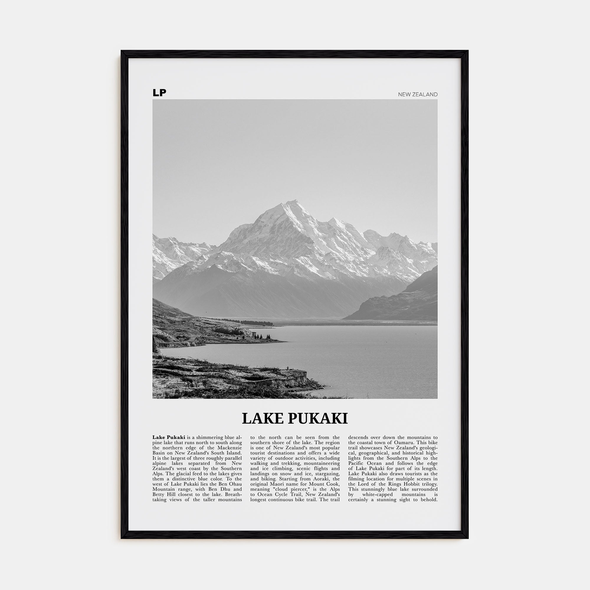 Lake Pukaki Travel B&W Poster