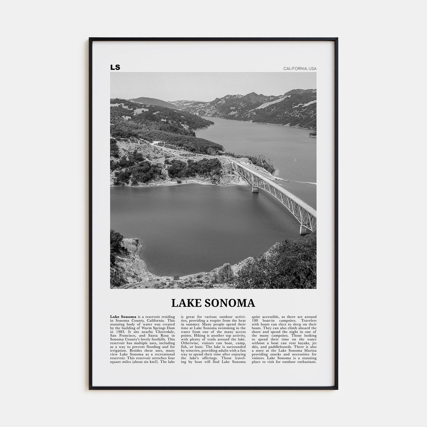 Lake Sonoma Travel B&W Poster