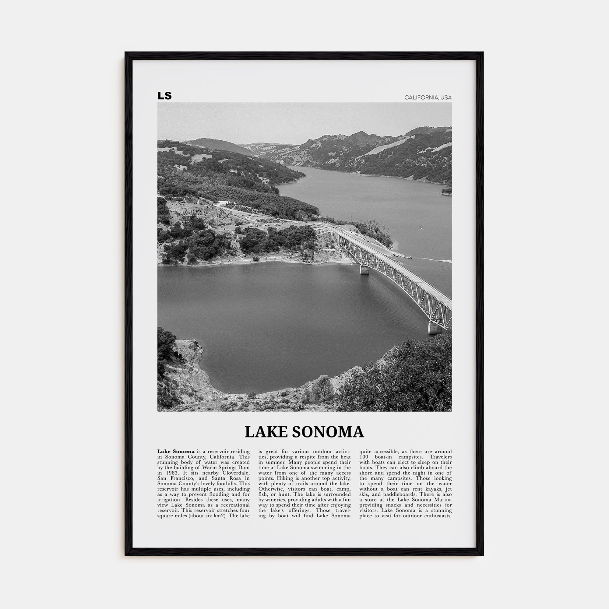 Lake Sonoma Travel B&W Poster