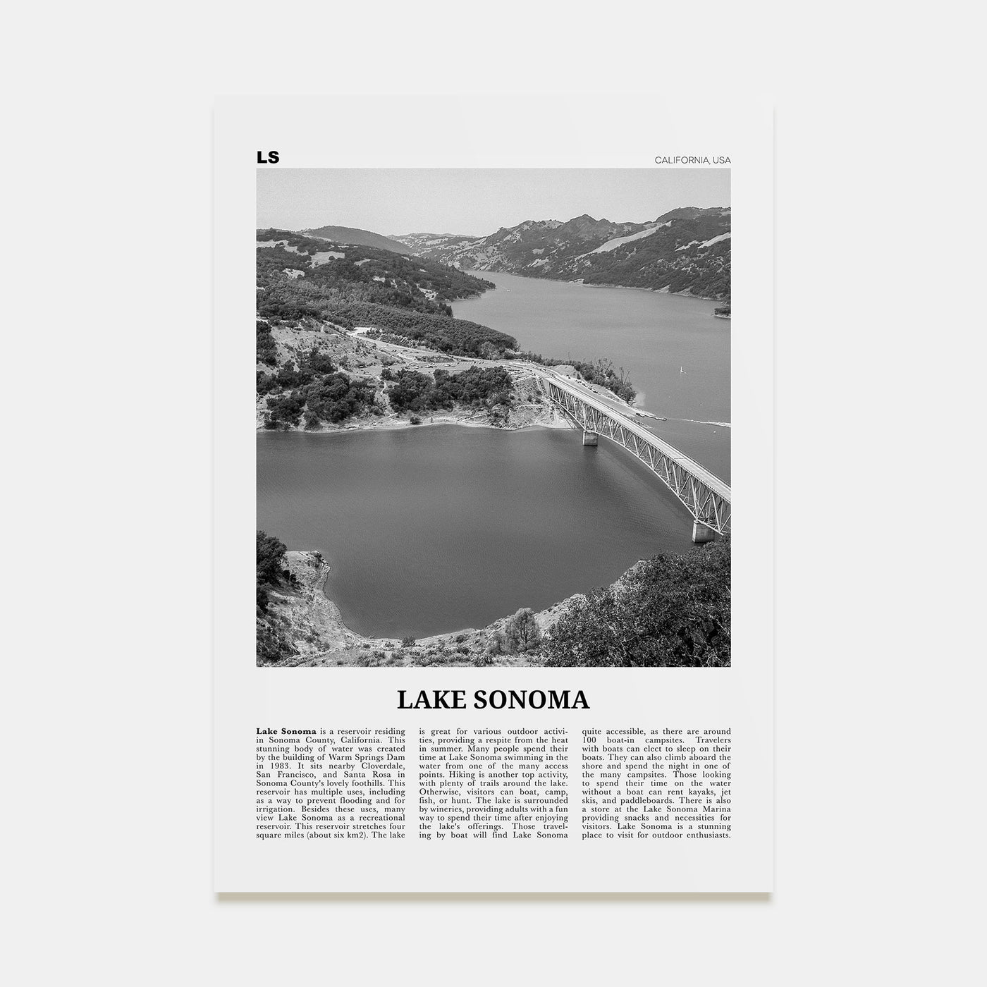 Lake Sonoma Travel B&W Poster