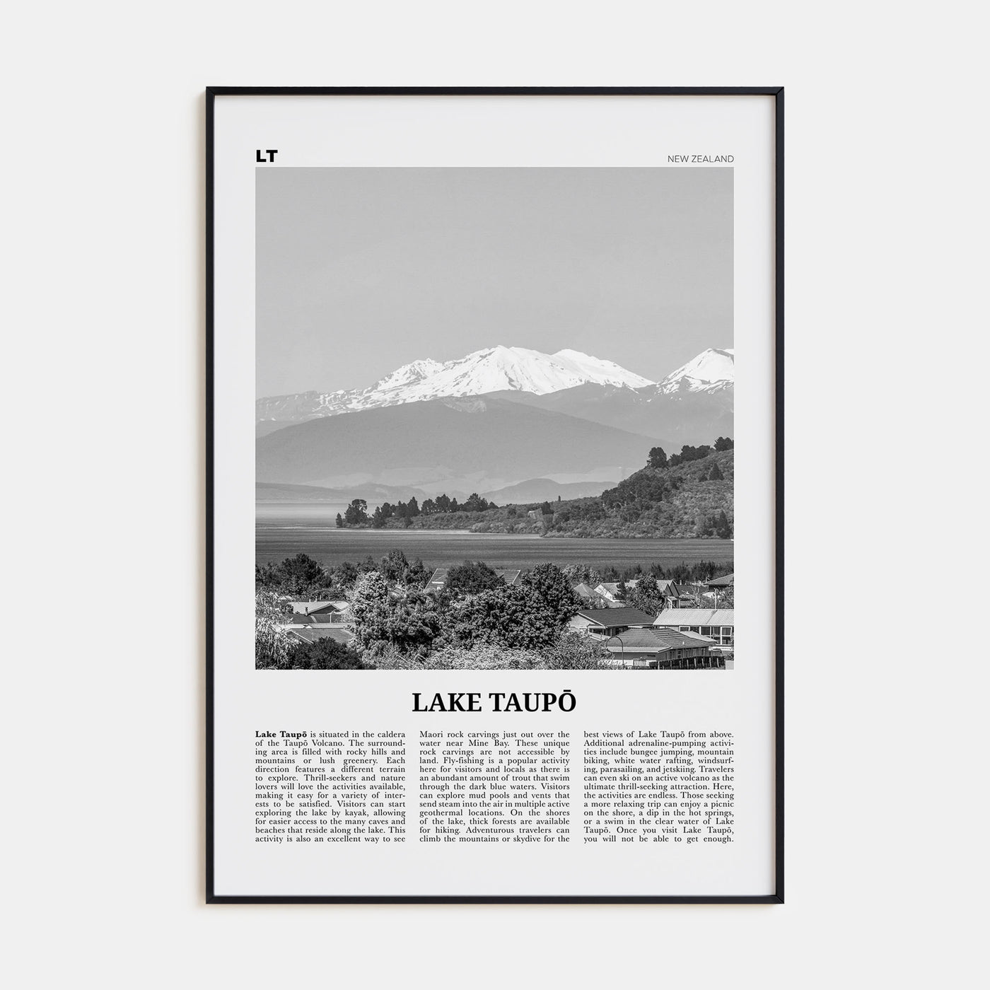 Lake Taupō Travel B&W Poster