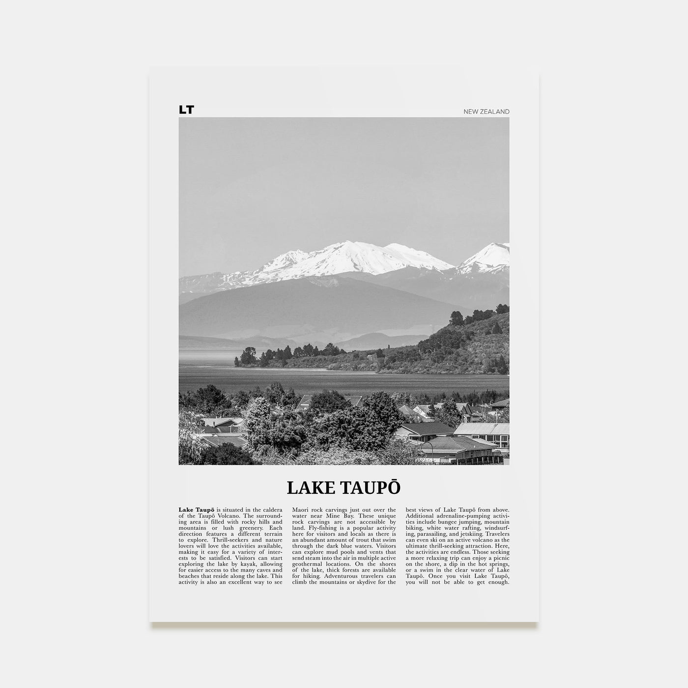Lake Taupō Travel B&W Poster