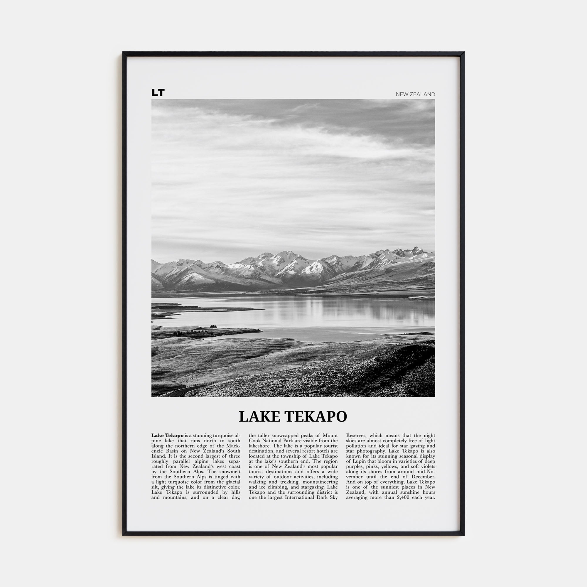 Lake Tekapo Travel B&W Poster
