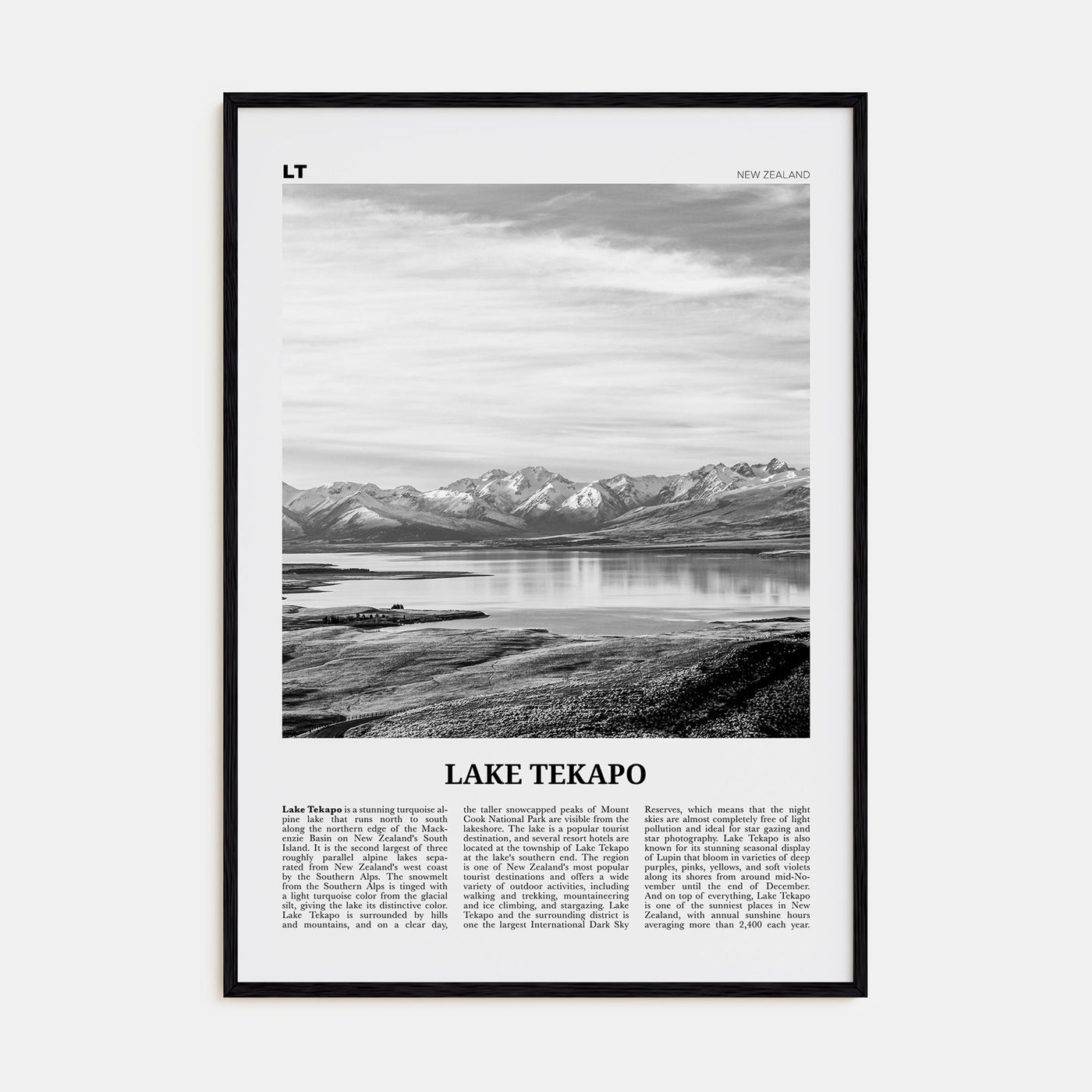 Lake Tekapo Travel B&W Poster