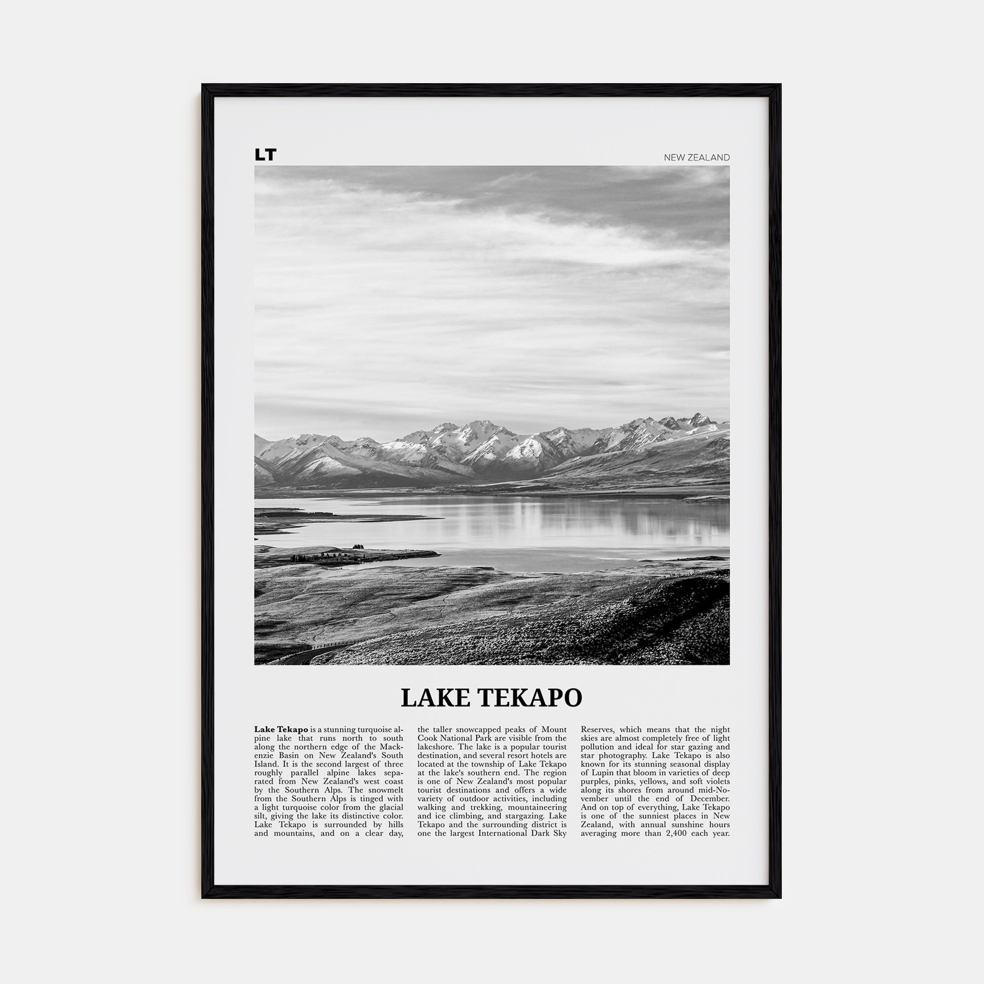 Lake Tekapo Travel B&W Poster