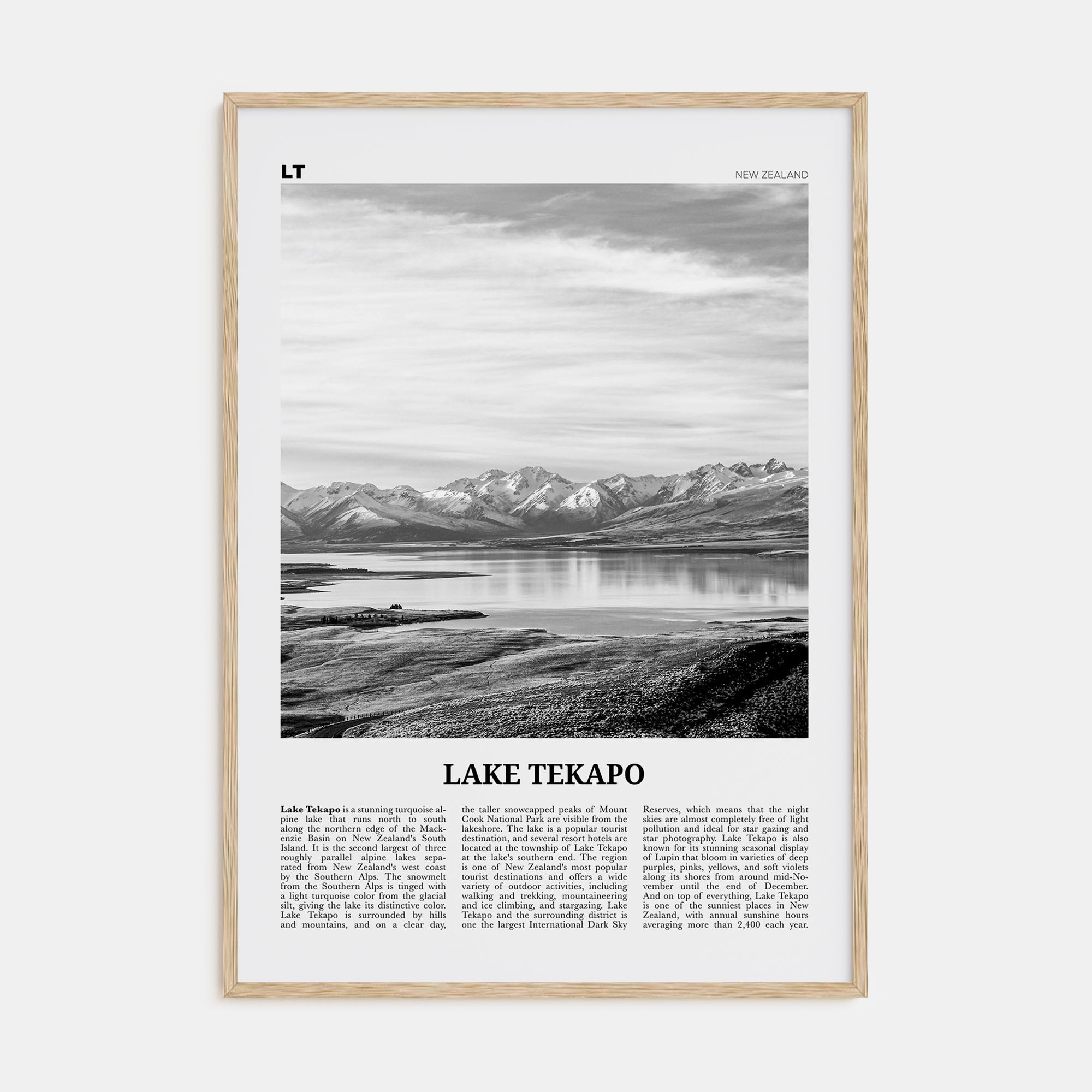 Lake Tekapo Travel B&W Poster